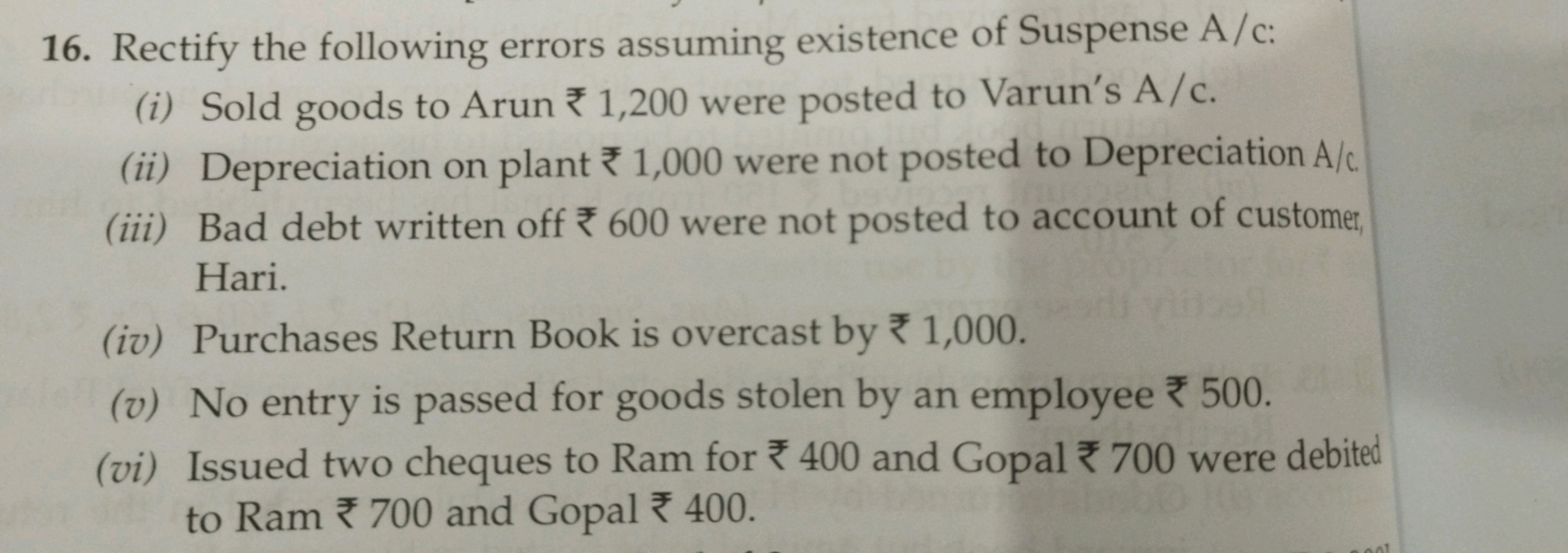 16. Rectify the following errors assuming existence of Suspense A/c:
(