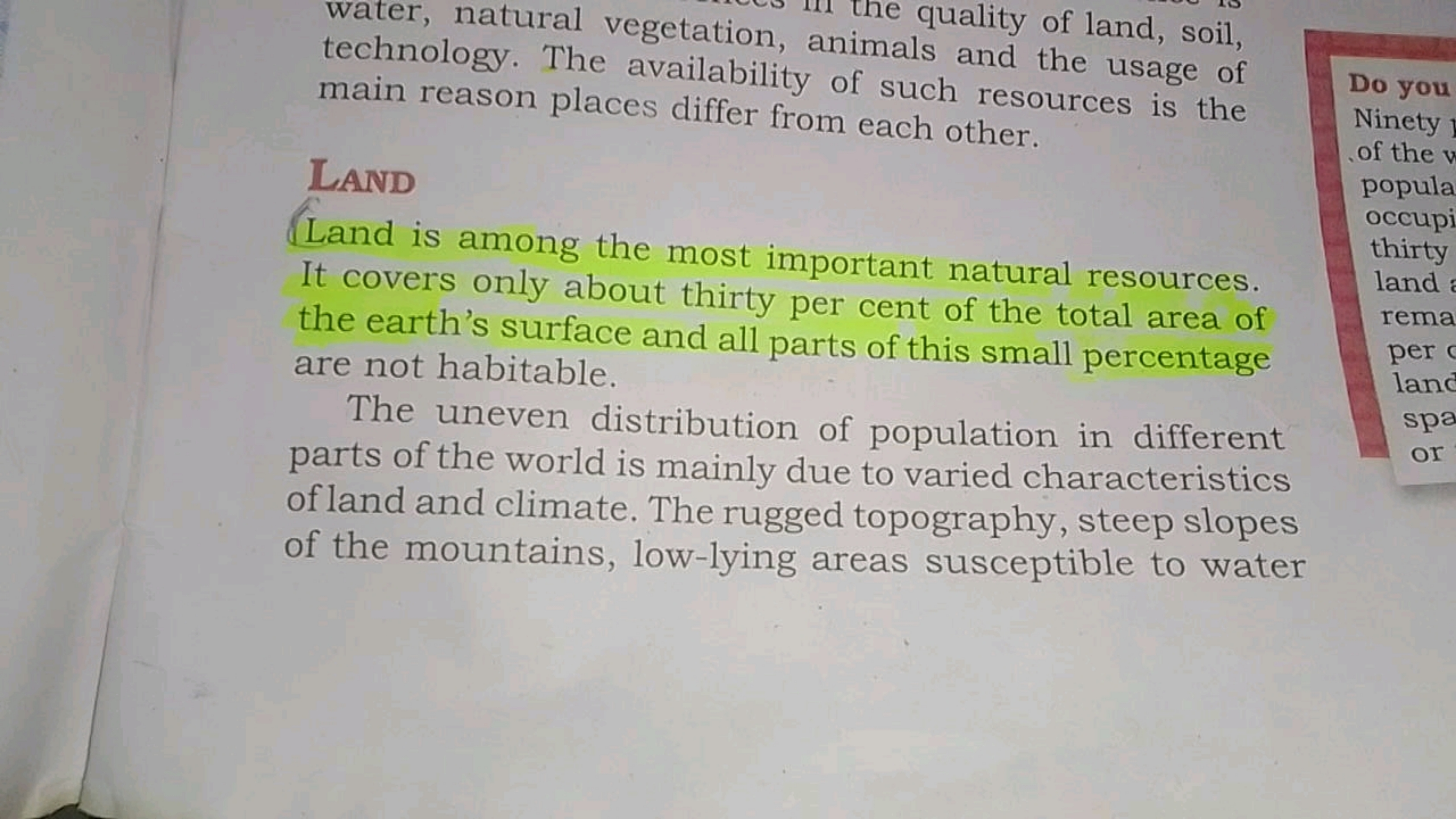 the quality of land, soil, water, natural vegetation, animals and the 