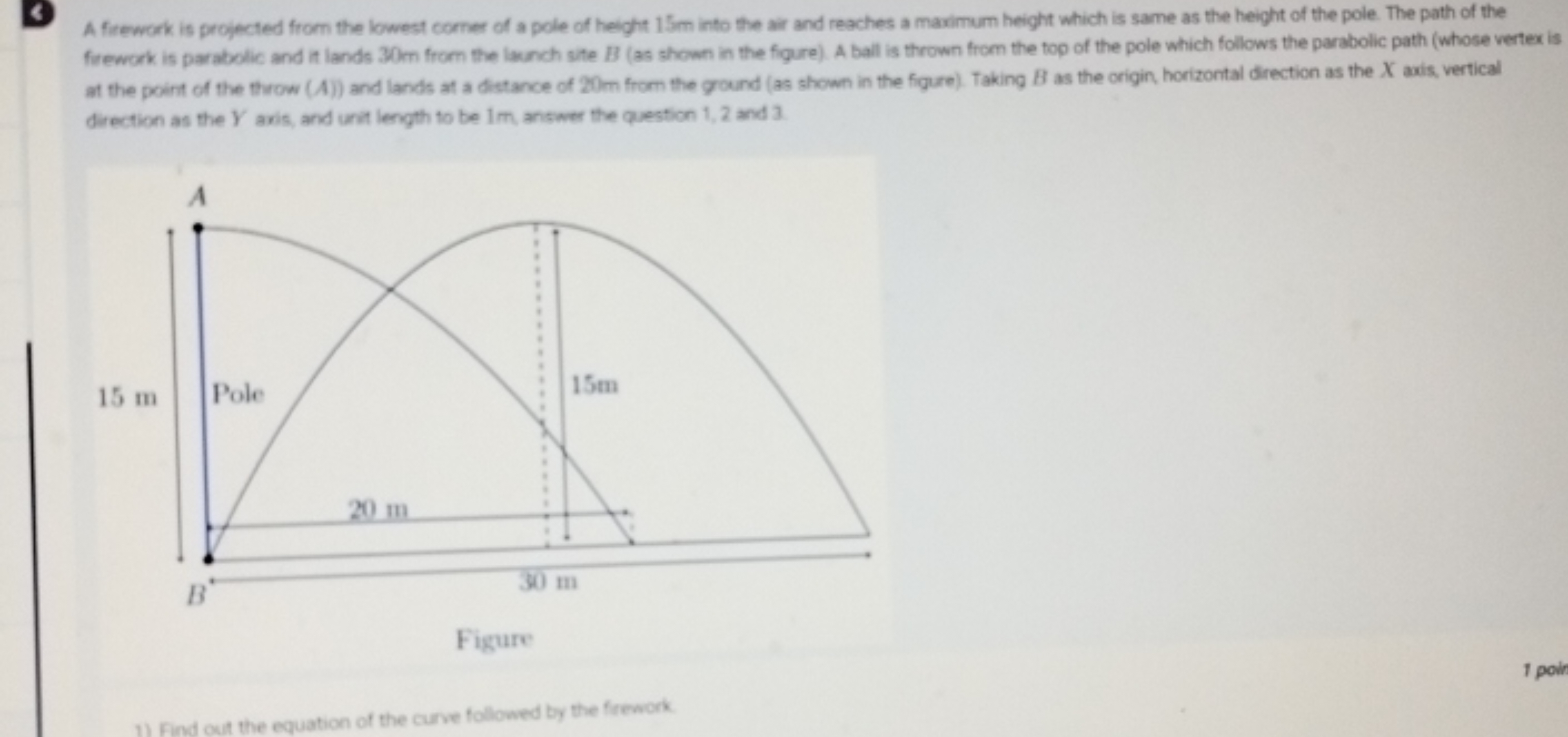 A firework is projected from the lowest corner of a pole of height 15 