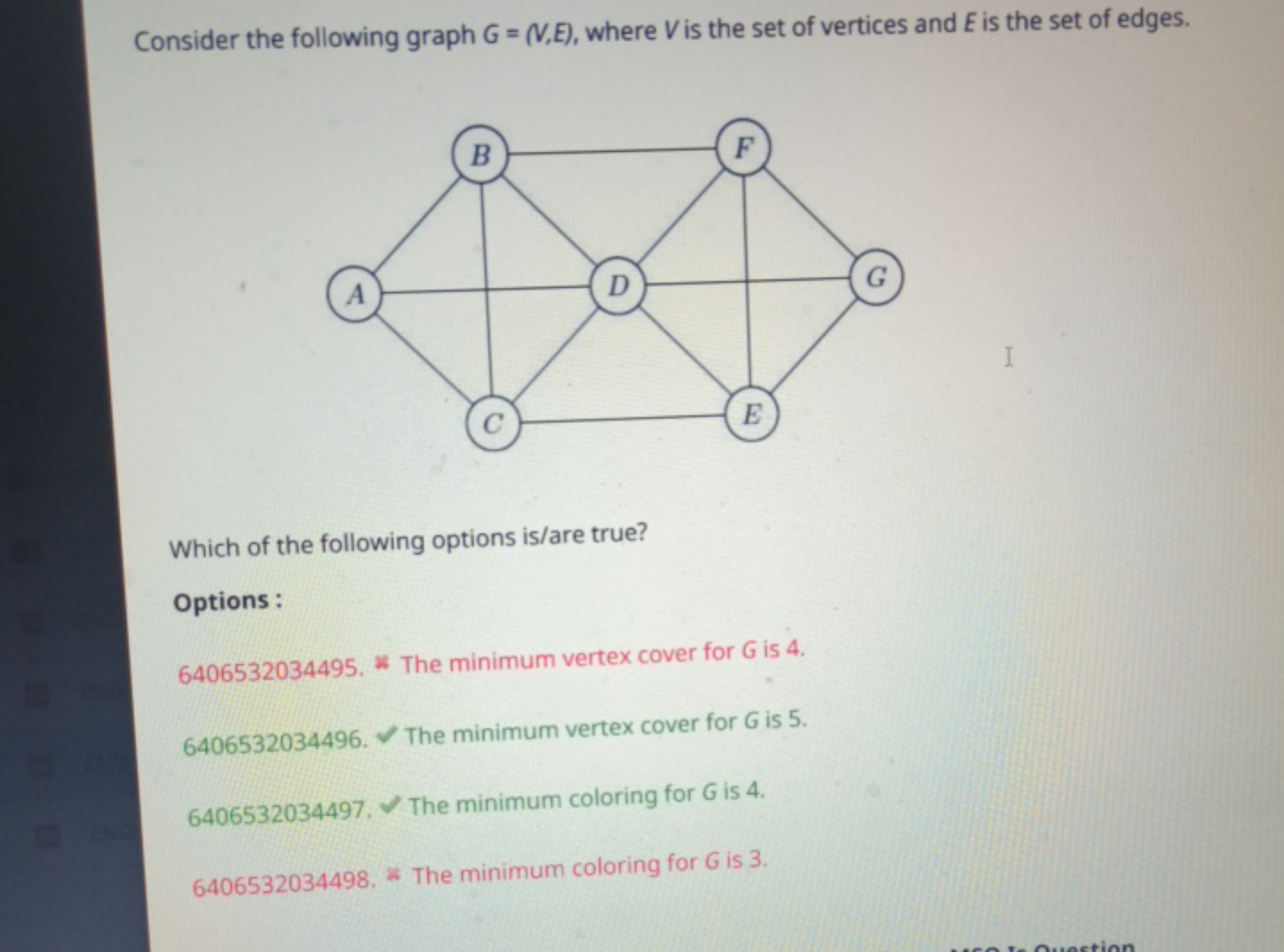 Consider the following graph G=(V,E), where V is the set of vertices a