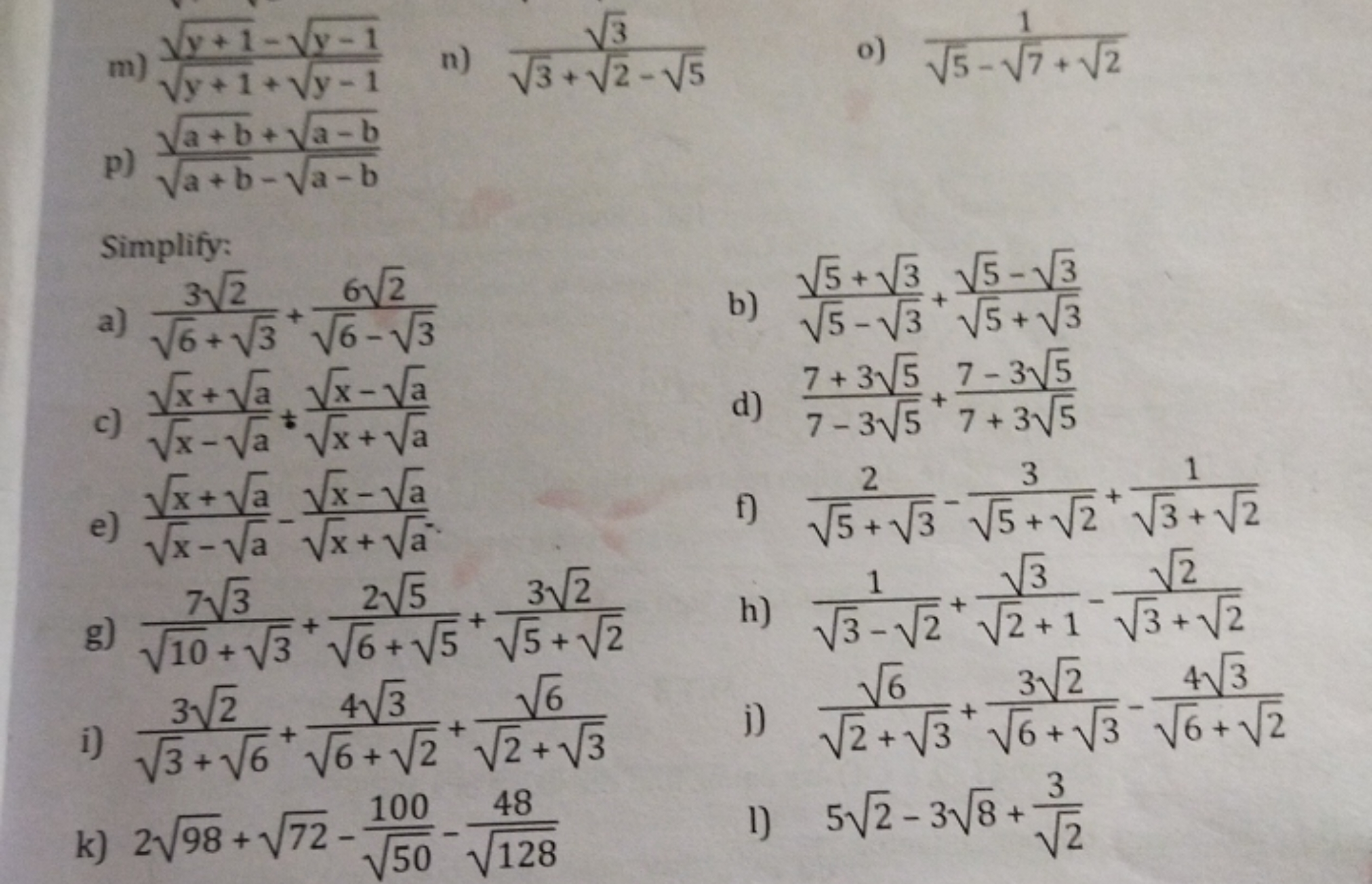 m) y+1​+y−1​y+1​−y−1​​
n) 3​+2​−5​3​​
o) 5​−7​+2​1​
p) a+b​−a−b​a+b​+a