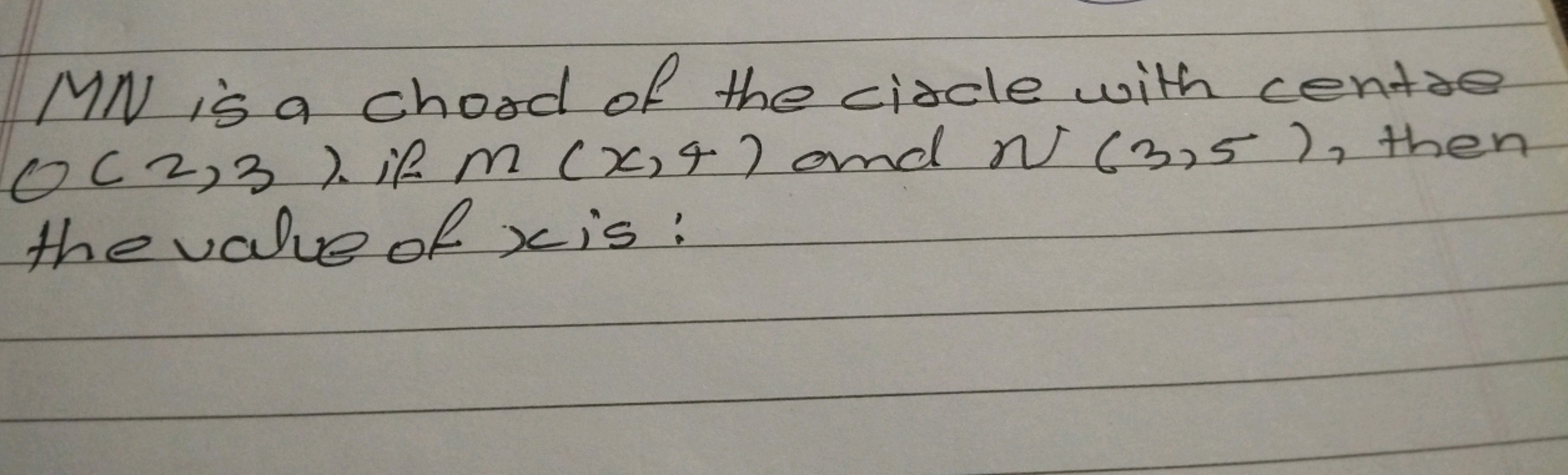 MN is a chord of the circle with centre O(2,3) if m(x,4) and n(3,5), t