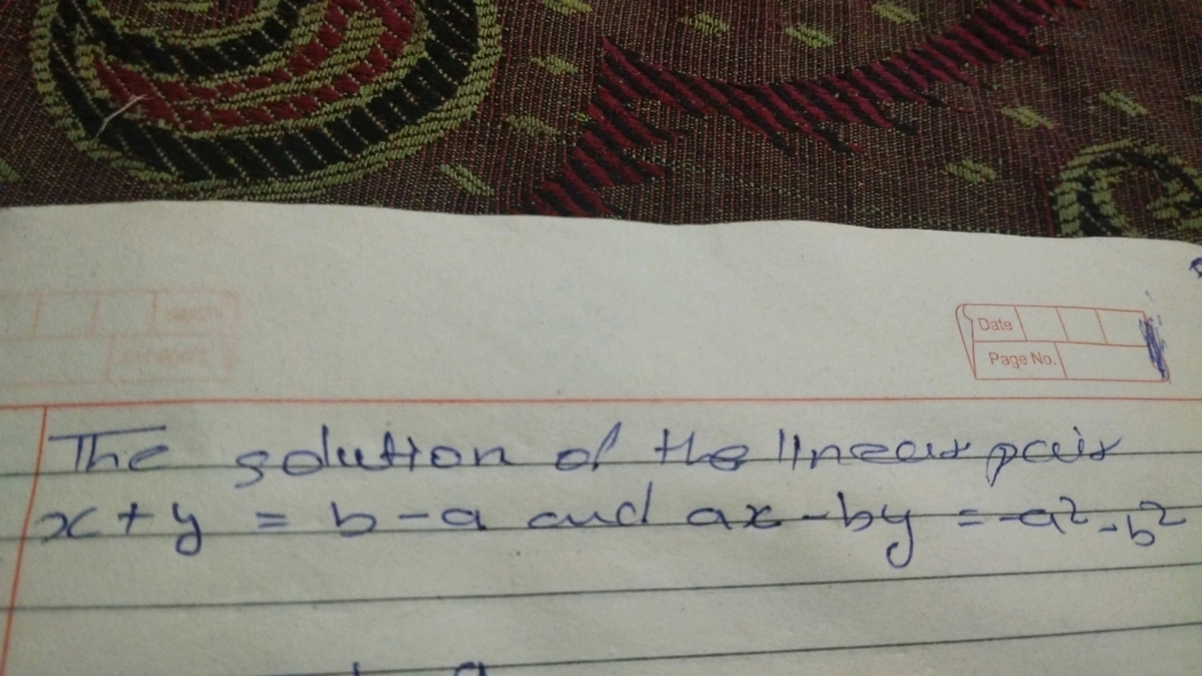 The solution of the linear pair
x+y=b−a and ax−by=−a2−b2