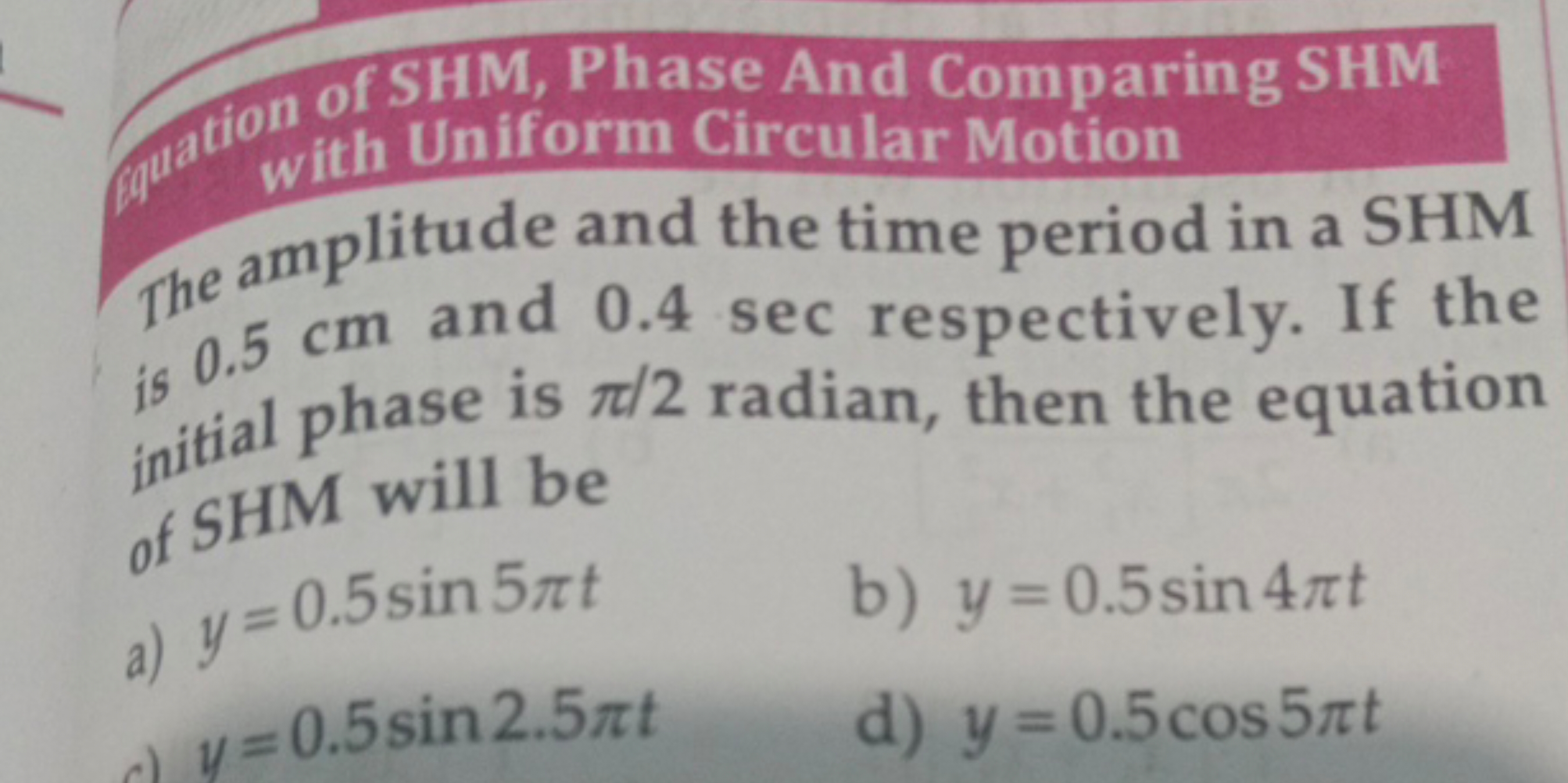 ation of SHM, Phase And Comparing SHM
The amplitude and the
is 0.5 cm 