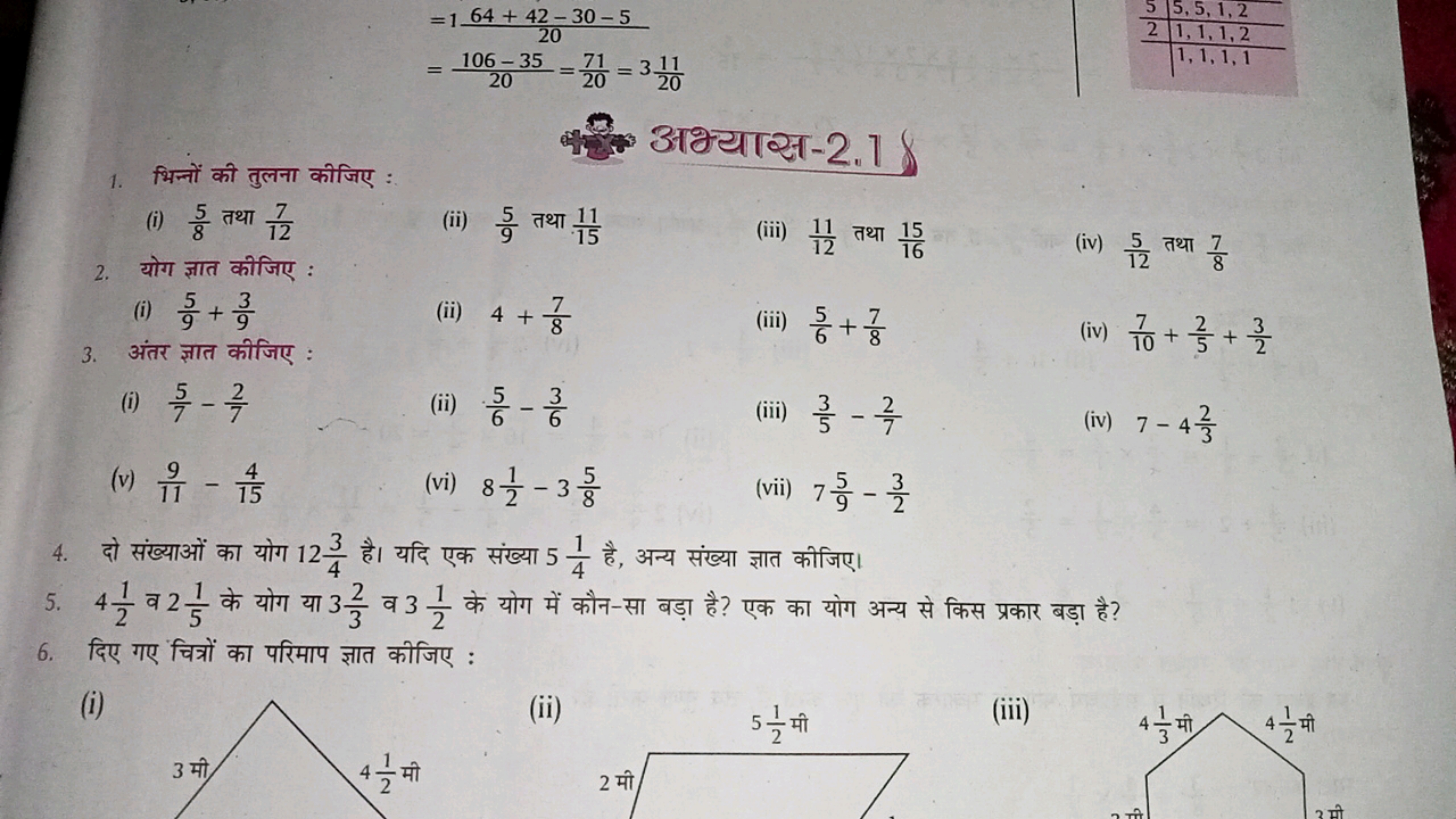 =12064+42−30−5​=20106−35​=2071​=32011​​

१०० अभ्यास-2.1
1. भिन्नों की 