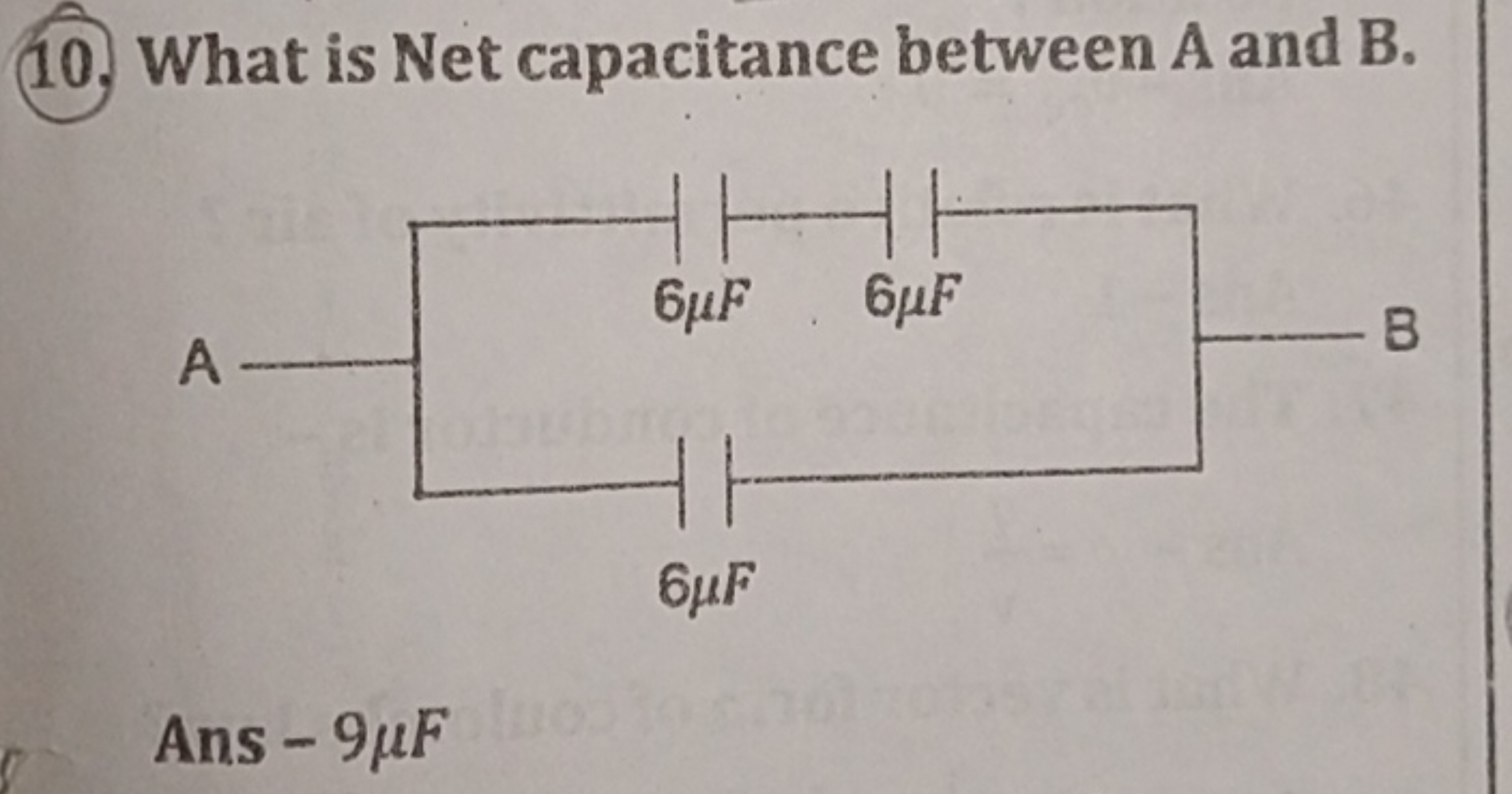 (10.) What is Net capacitance between A and B.

Ans −9μF