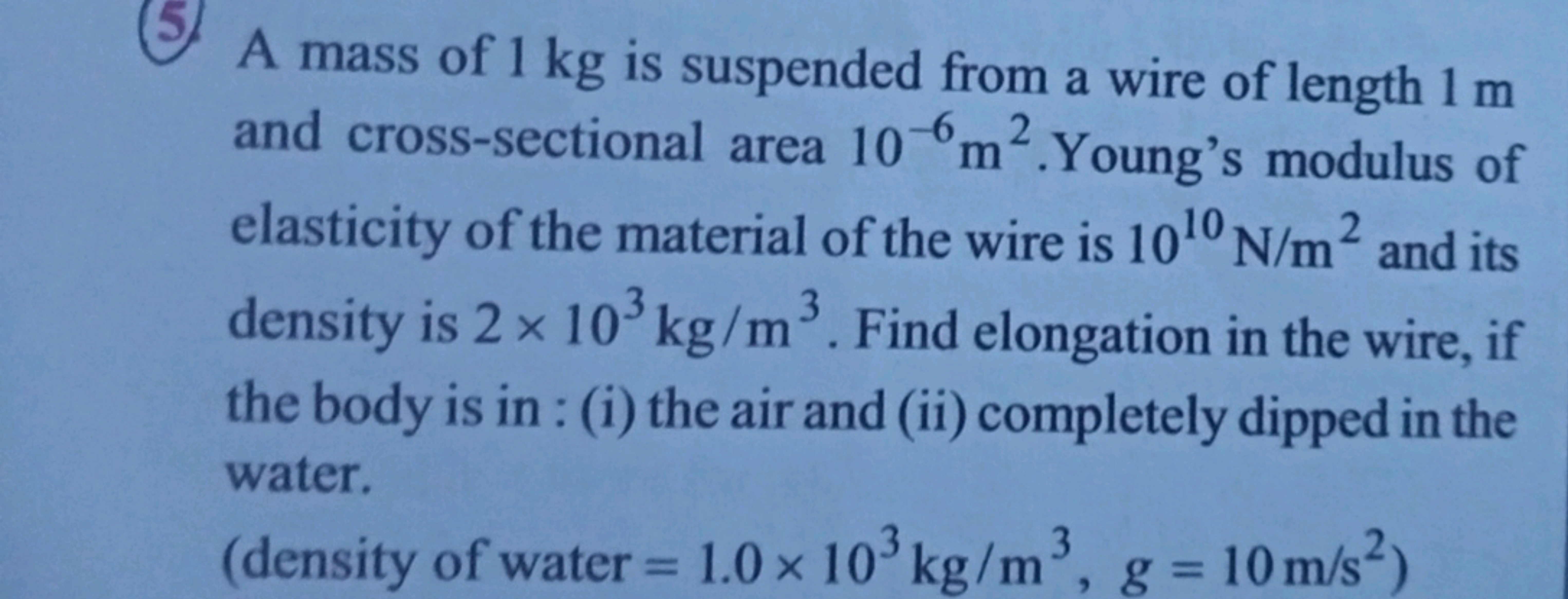 2
A mass of 1 kg is suspended from a wire of length 1 m
and cross-sect