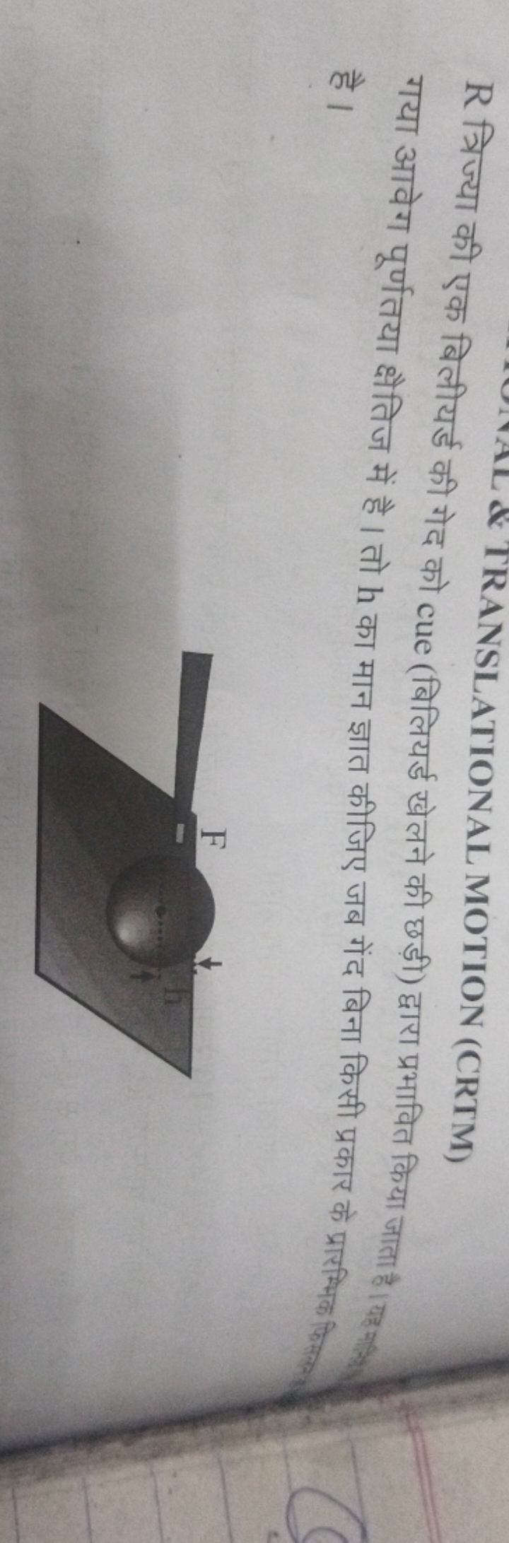 TRANSLATIONAL MOTION (CRTM)
R त्रिज्या की एक बिलीयर्ड की गेद को cue (ब