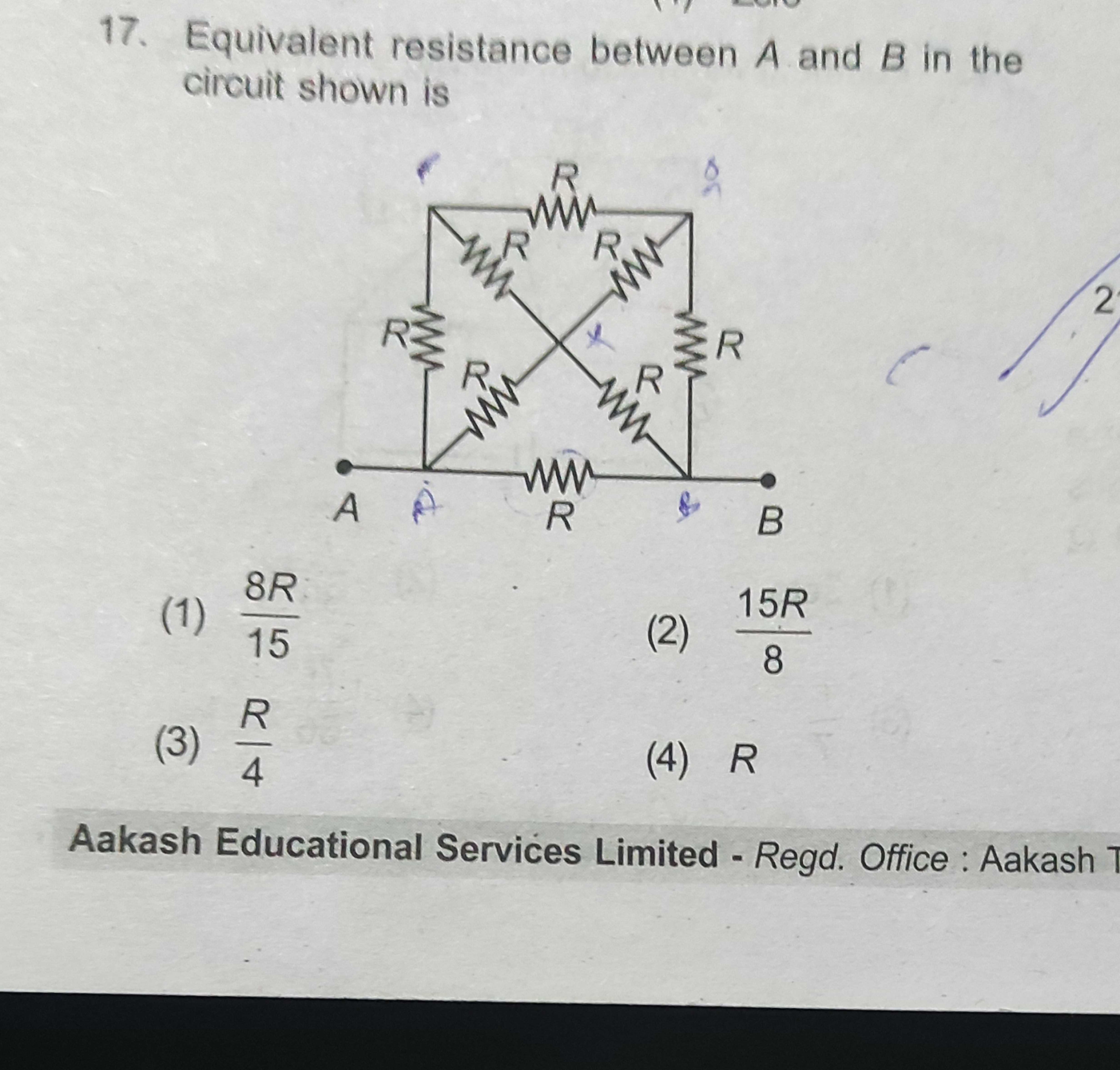 Equivalent resistance between A and B in the circuit shown is