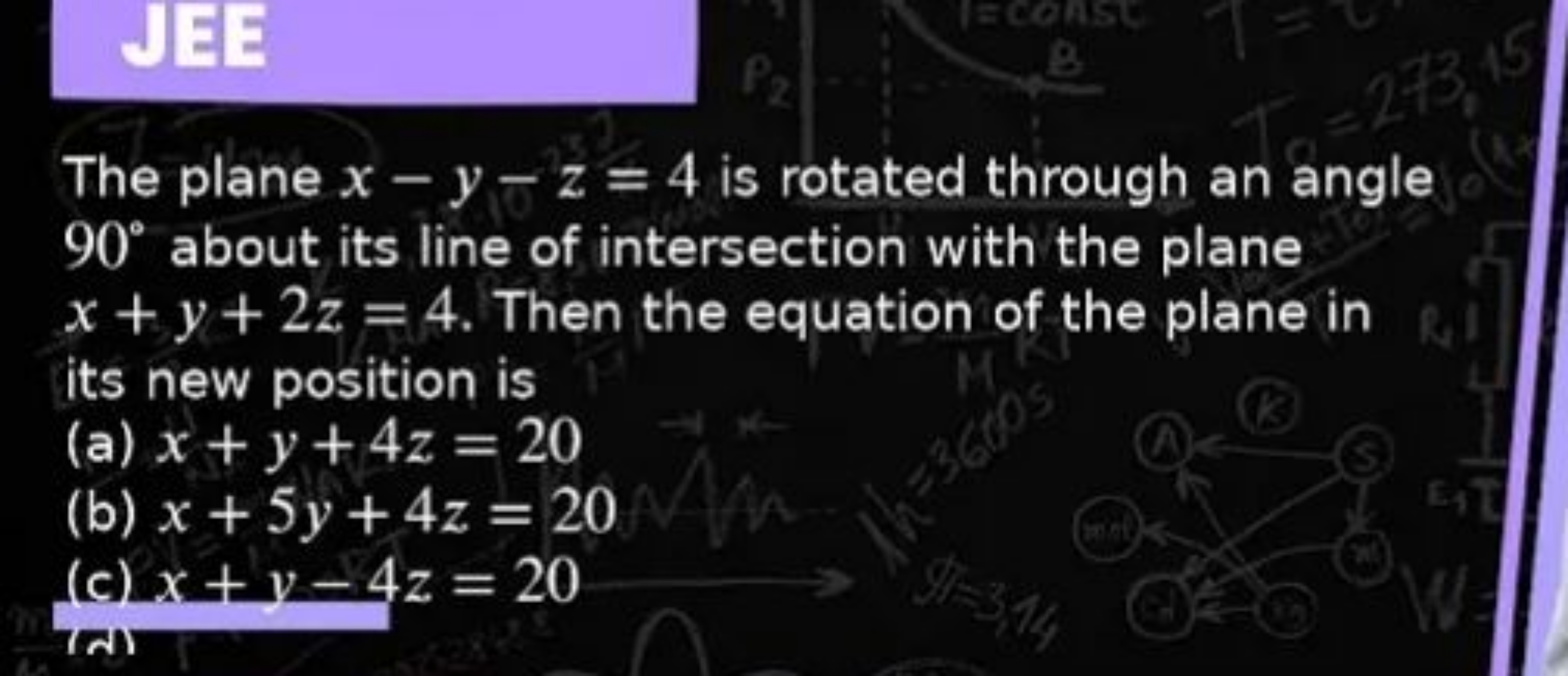 The plane x−y−z=4 is rotated through an angle 90∘ about its line of in