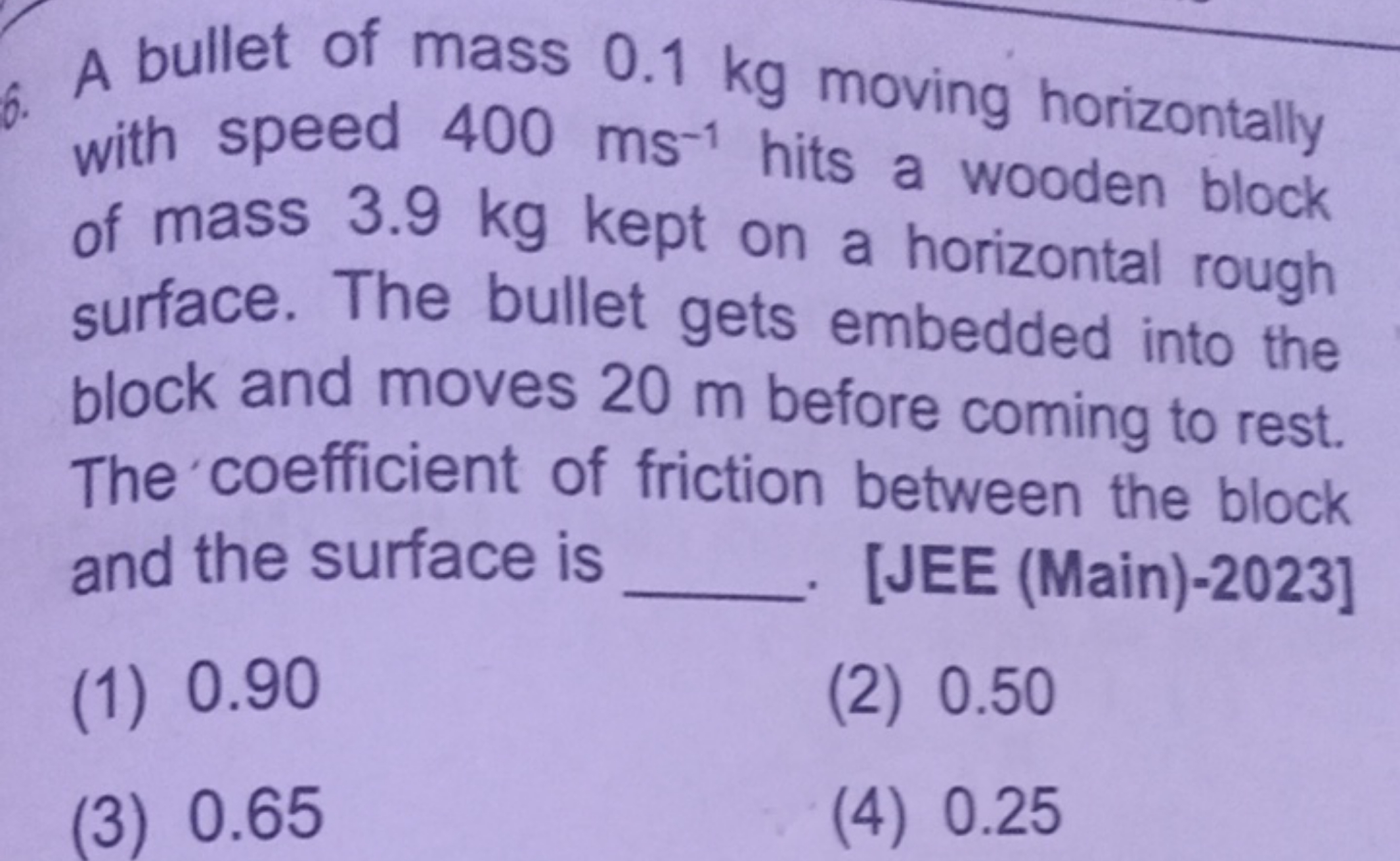 A bullet of mass 0.1 kg moving horizontally with speed 400 ms−1 hits a