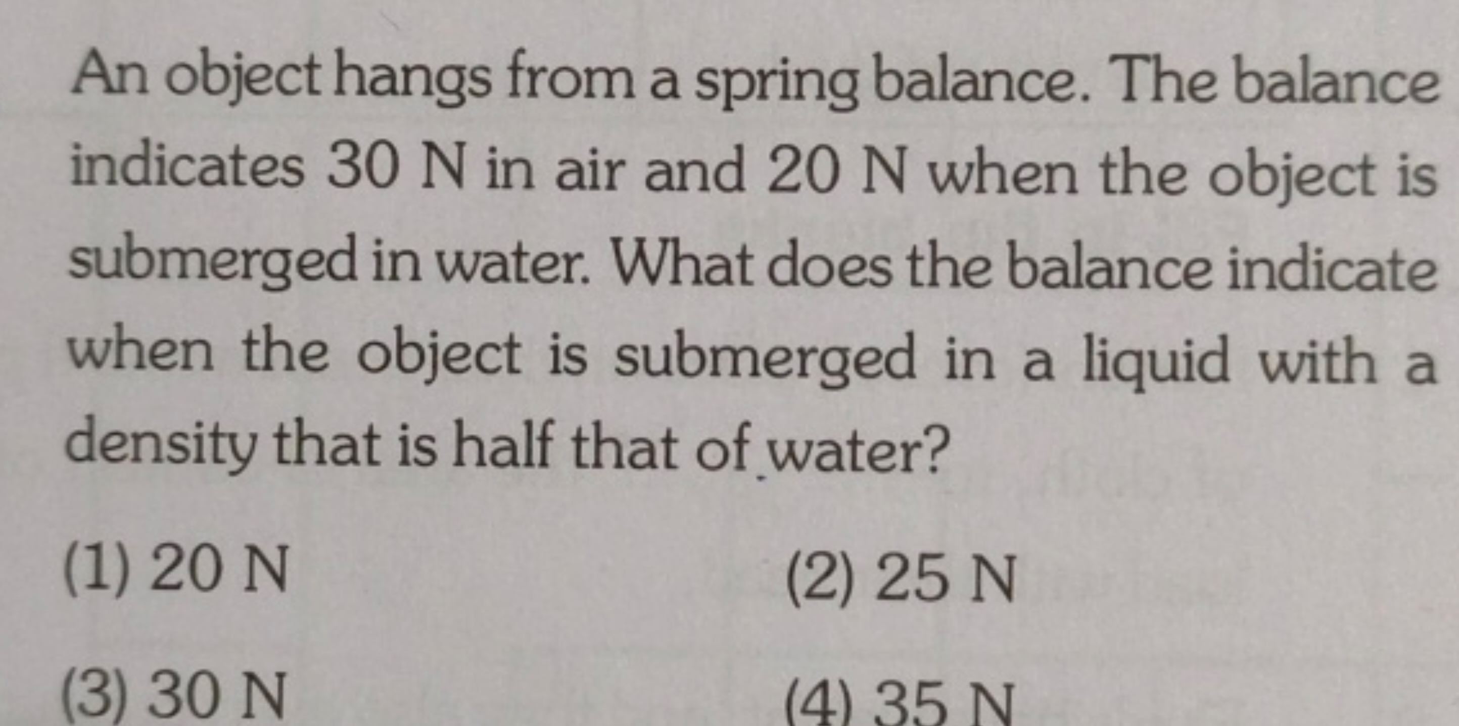 An object hangs from a spring balance. The balance indicates 30 N in a