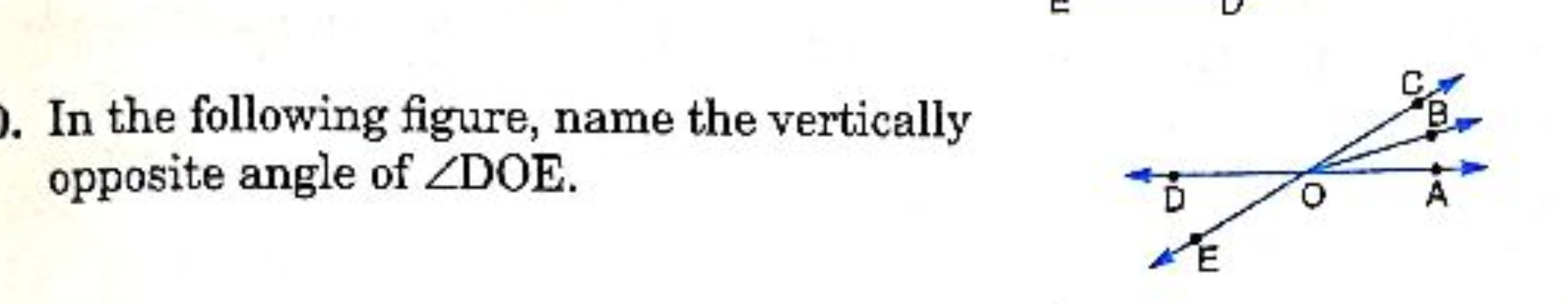 In the following figure, name the vertically opposite angle of ∠DOE.