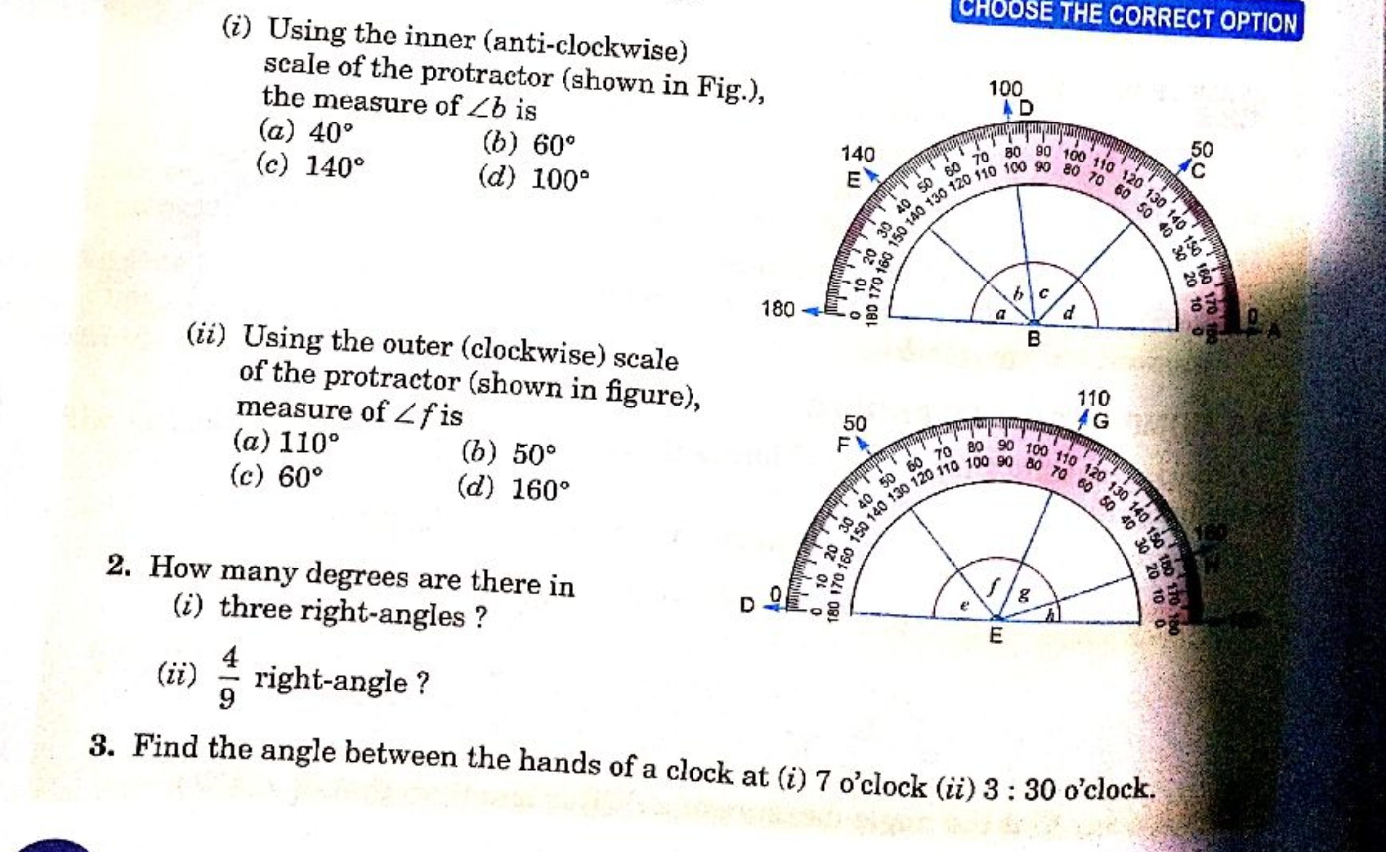 (i) Using the inner (anti-clockwise) scale of the protractor (shown in