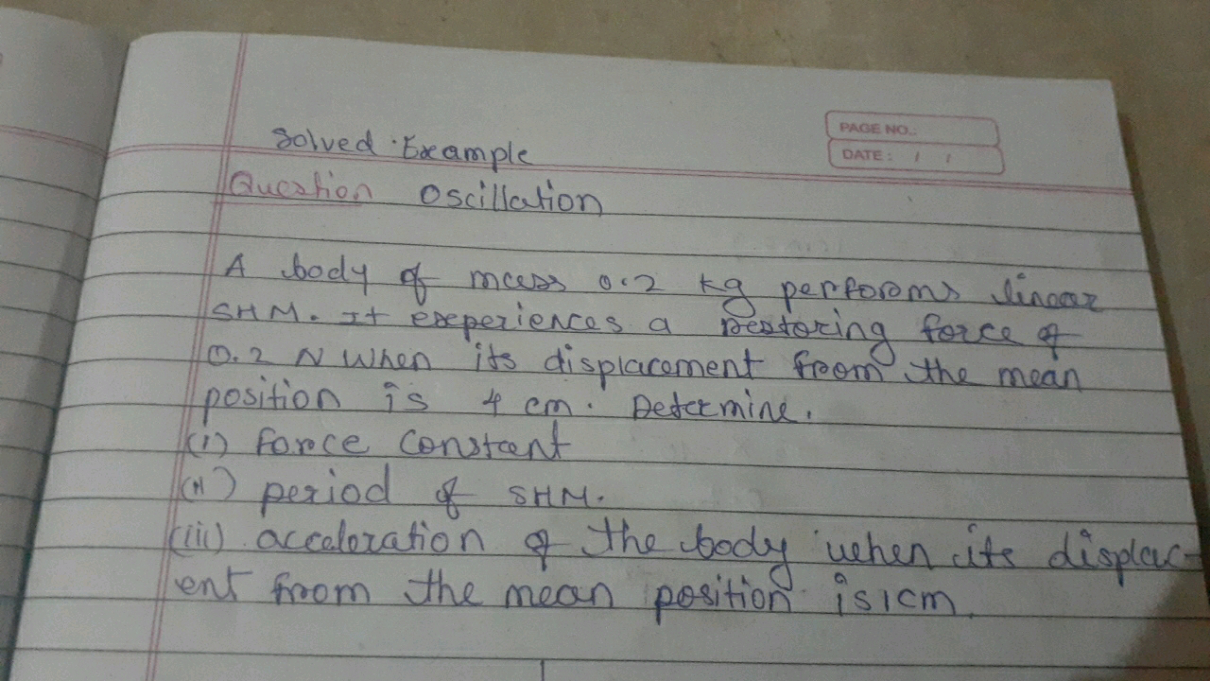 Solved Example
Quation Oscillation
A body of mass 0.2 kg performs line