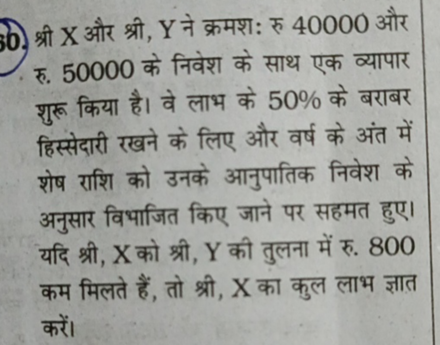 30. श्री X और श्री, Y ने क्रमशः रु 40000 और रु. 50000 के निवेश के साथ 