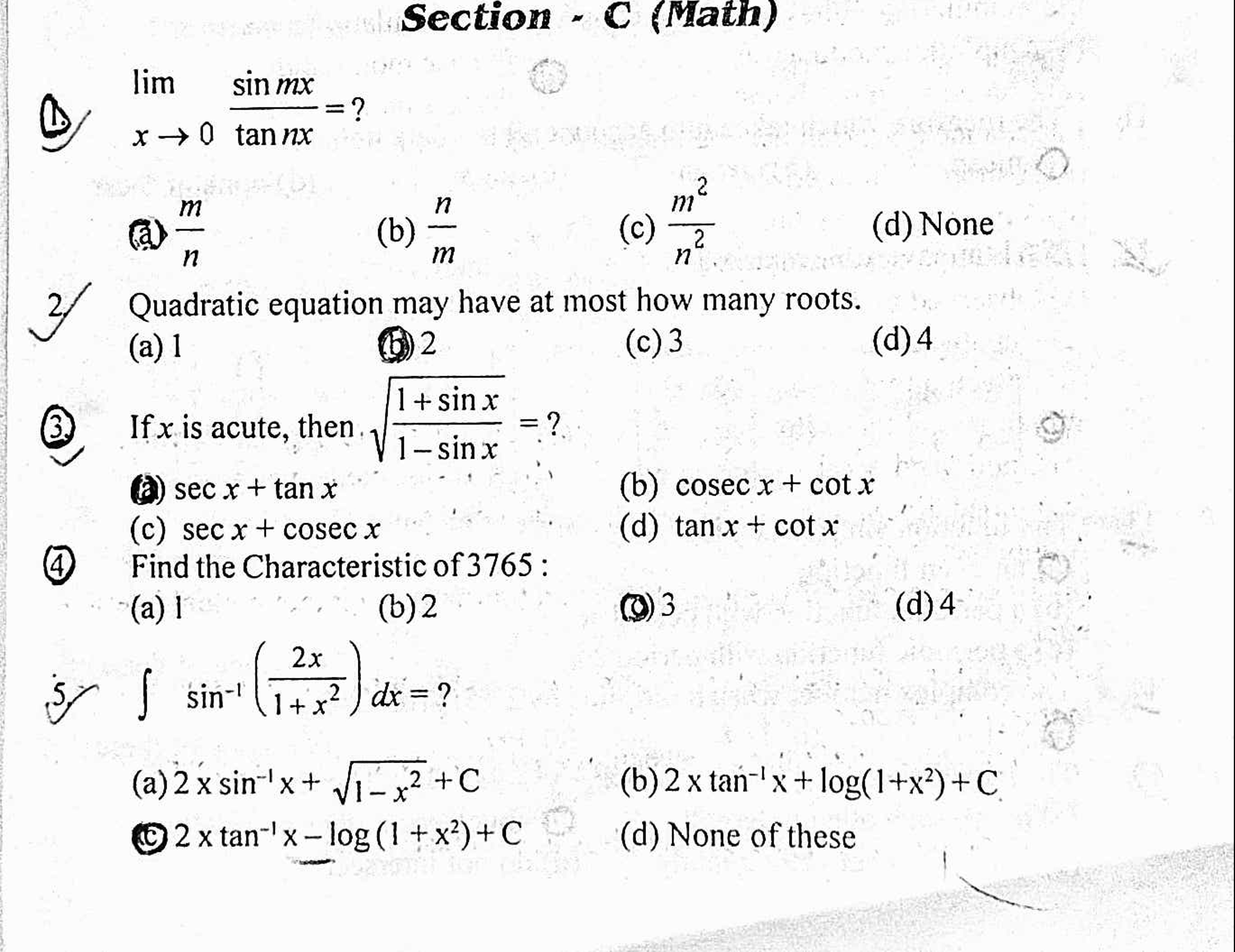 Section - C (Path)
1. limx→0​tannxsinmx​= ?
(a) nm​
(b) mn​
(c) n2m2​
