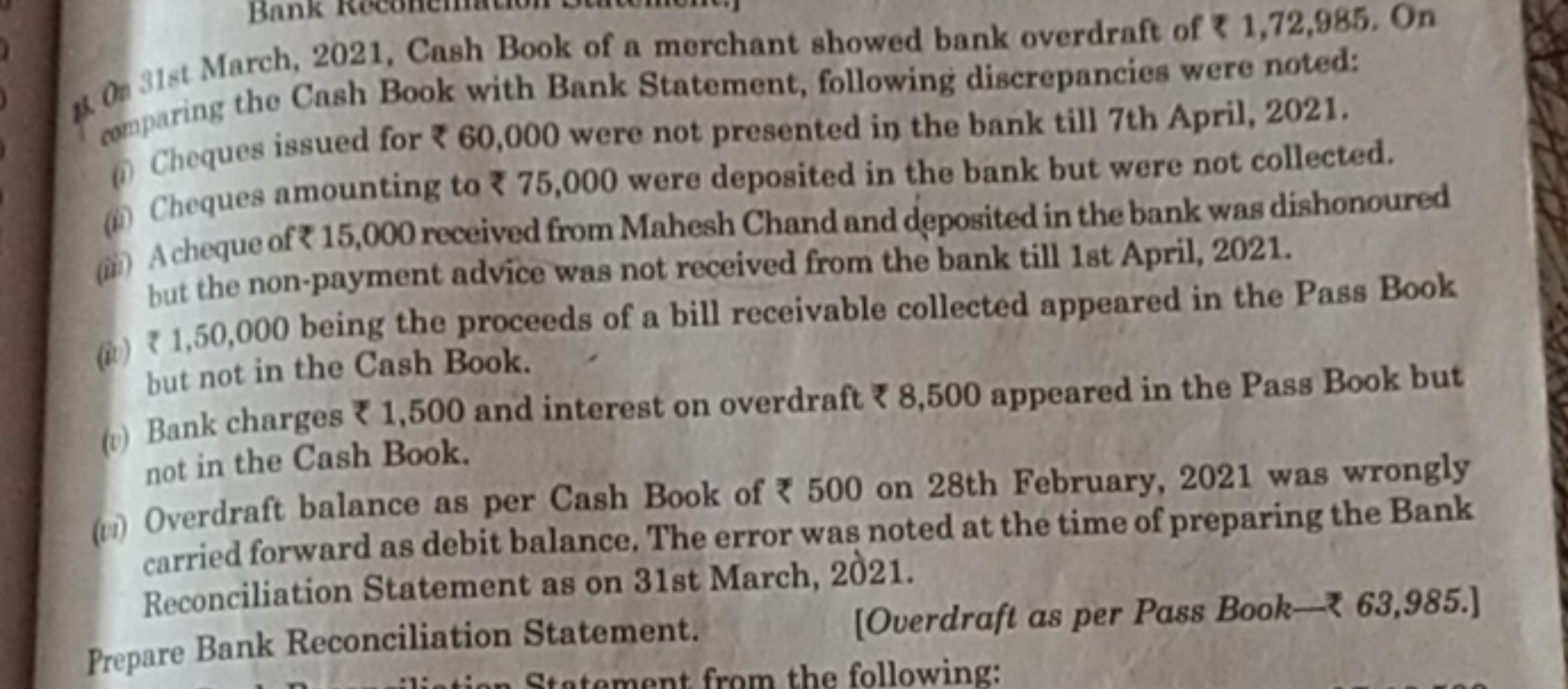 15. 318 st March, 2021, Cash Book of a merchant showed bank overdraft 