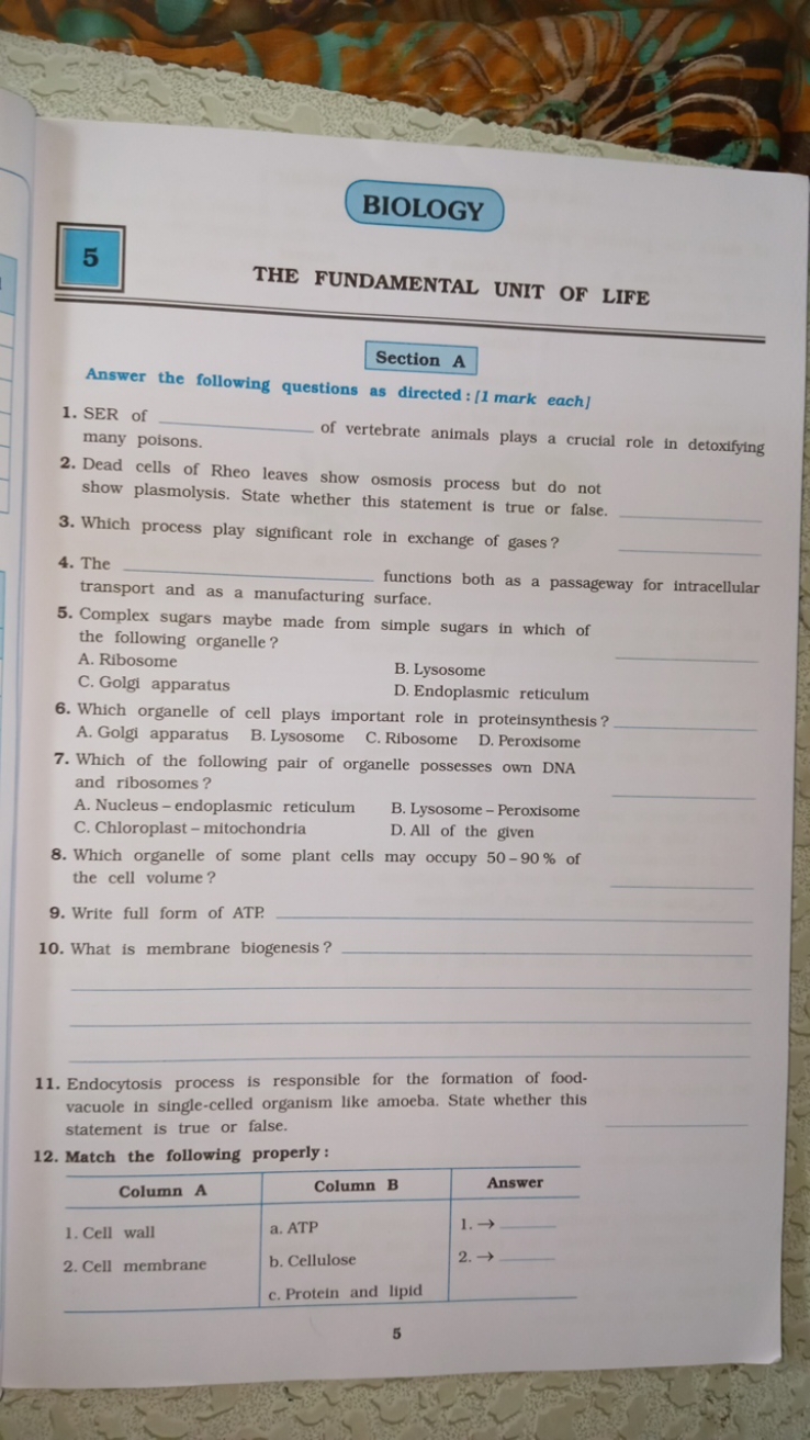 BIOLOGY
5
THE FUNDAMENTAL UNIT OF LIFE

Section A
Answer the following