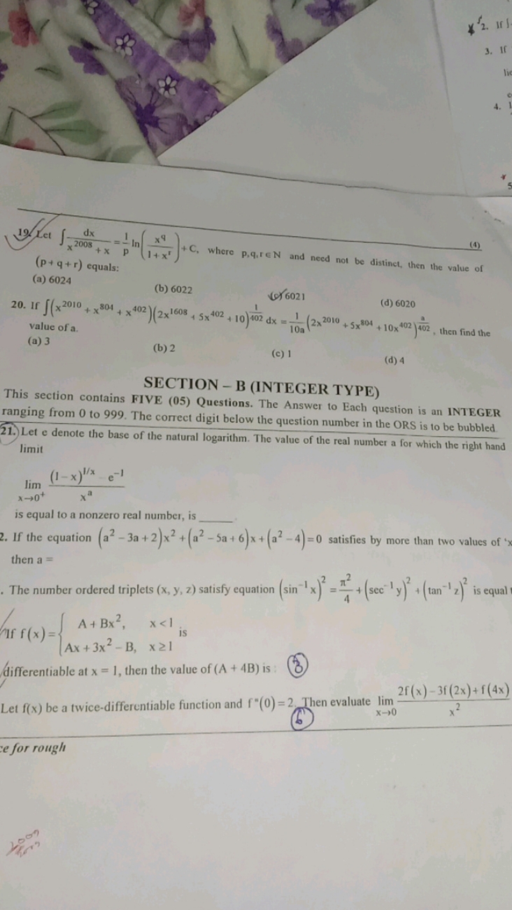 19. Let ∫x2008+xdx​=p1​ln(1+xrxq​)+C, where p,q,r∈N and need not be di