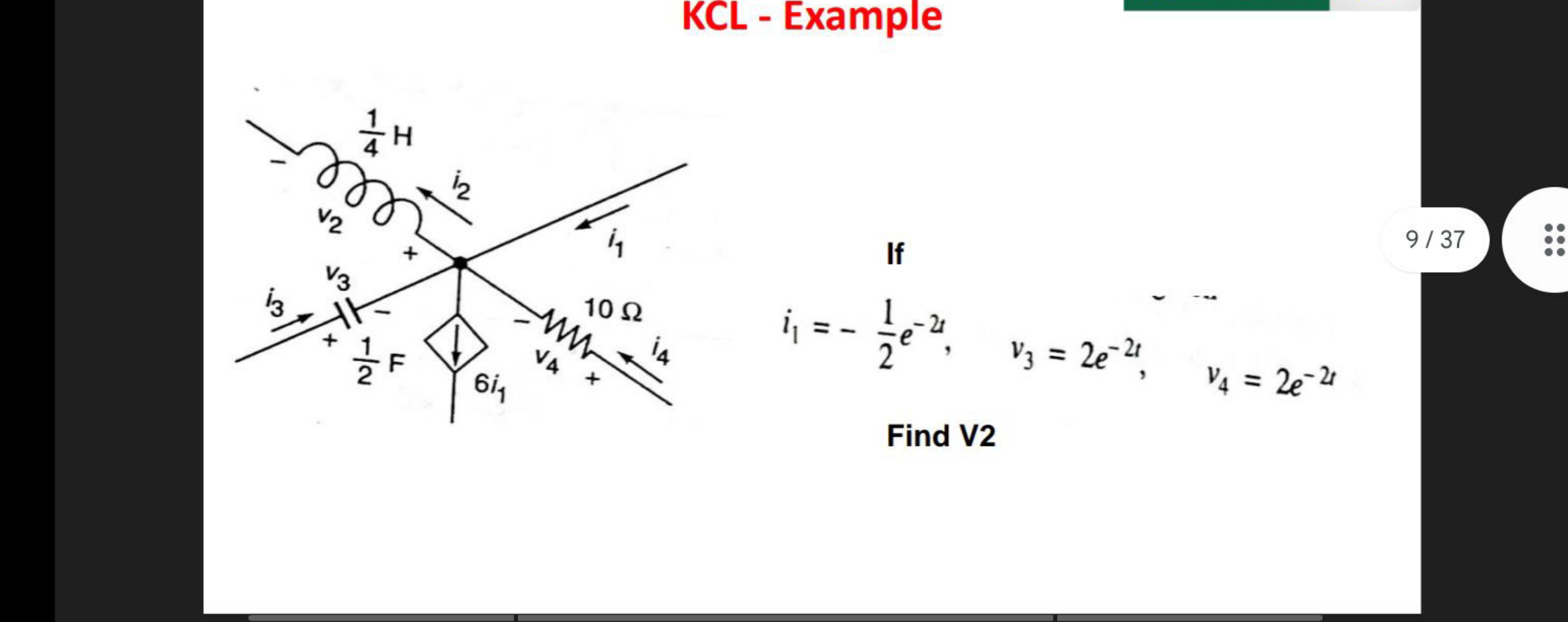 KCL-Example

If
9/37
i1​=−21​e−2t,v3​=2e−2t,v4​=2e−2t Find V2 ​