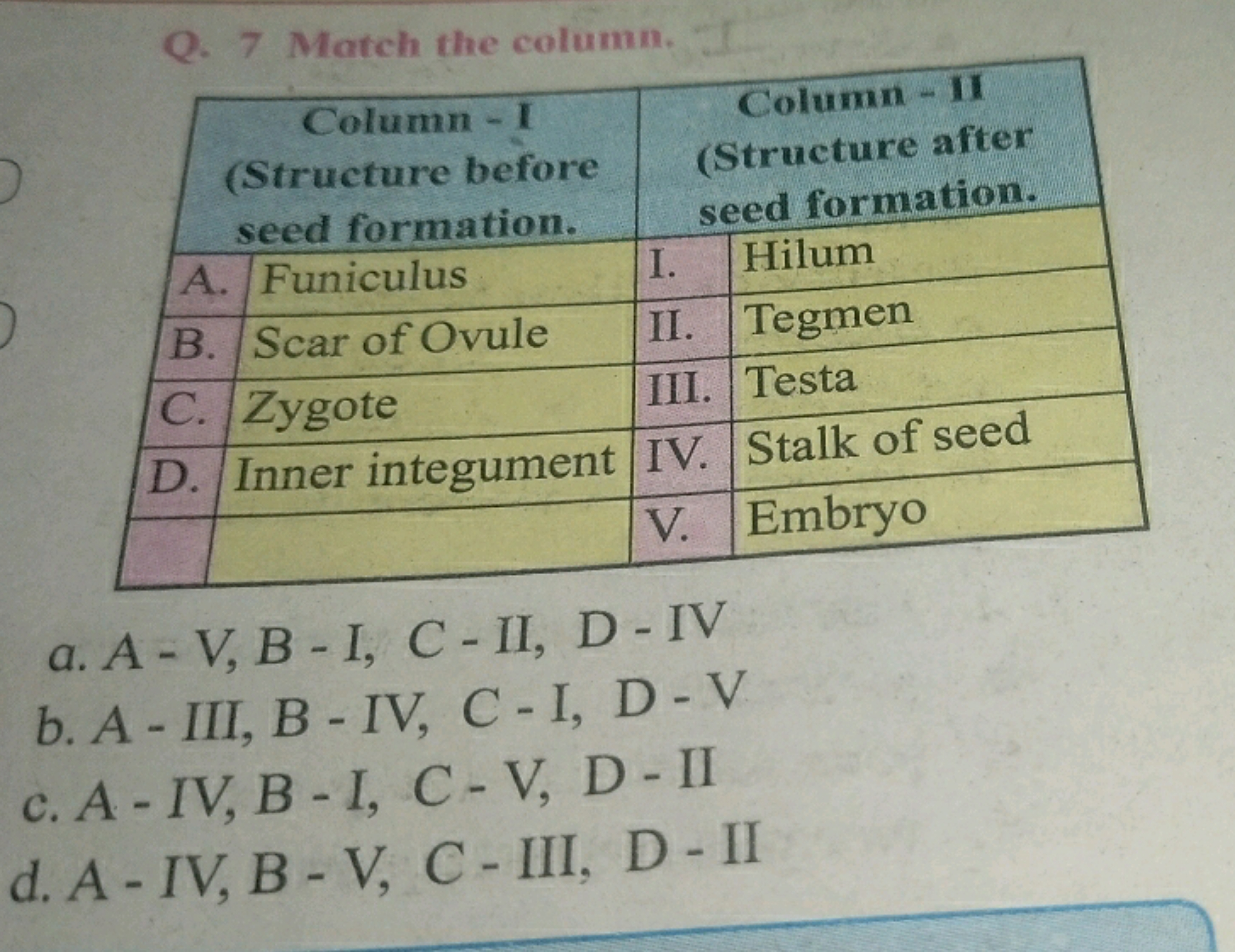 Q. 7 Match the column.
\begin{tabular} { | l | l | l | l | } 
\hline \