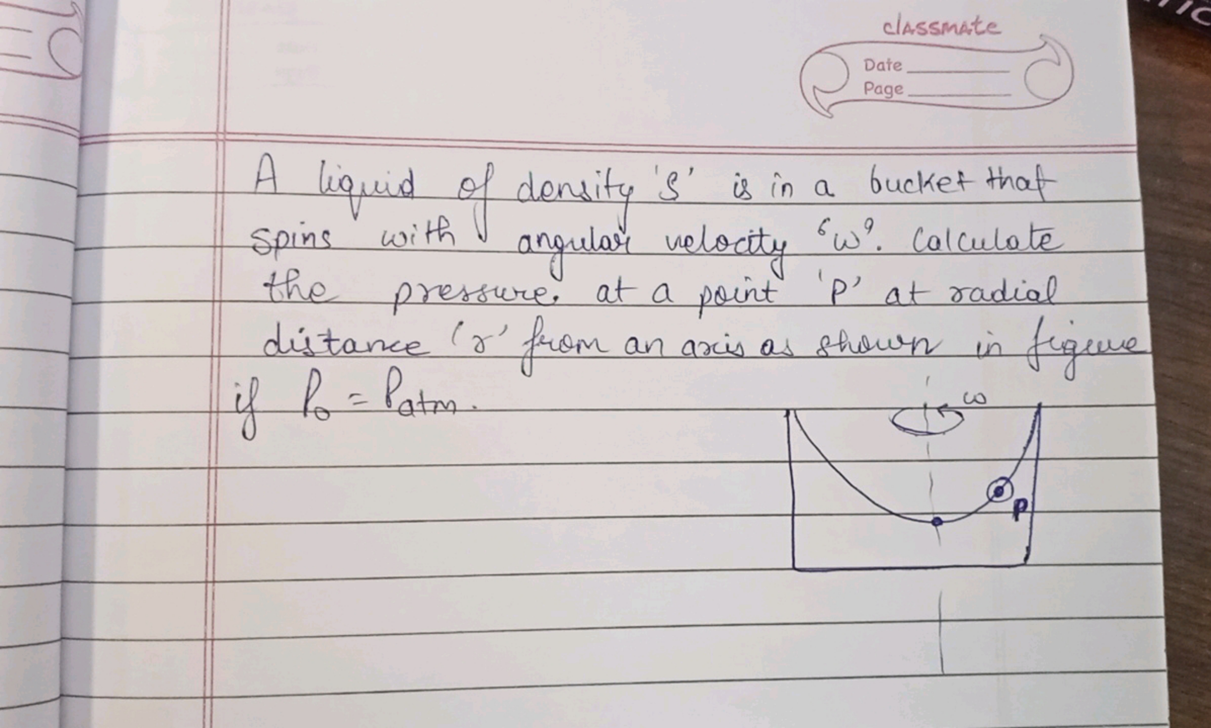 S
classmate
Date
Page
A liquid of density 's' is in a bucket that
Spin