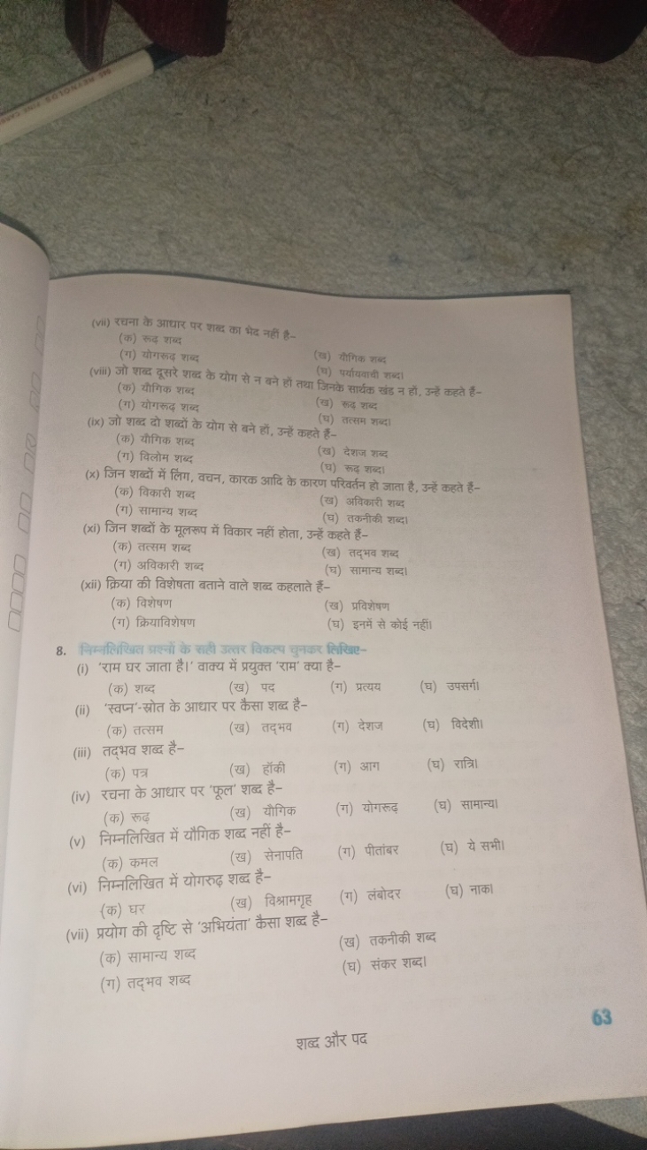 (vii) रचना के आधार पर शब्द का भेद नहीं है-
(क) रूढ़ शब्द
(ख) यौगिक शब्