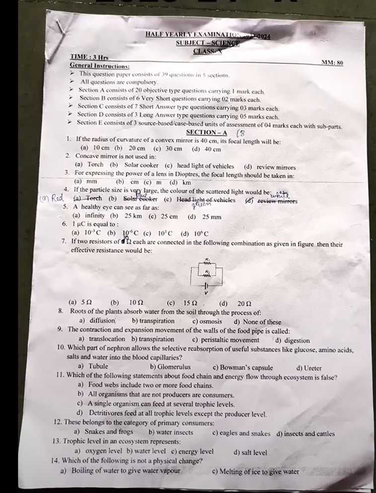 HALF YEARIY EXAMINALUN 2024 SUB.IECT -SCIENCP CLASS Y TIME: 3Hr Genera