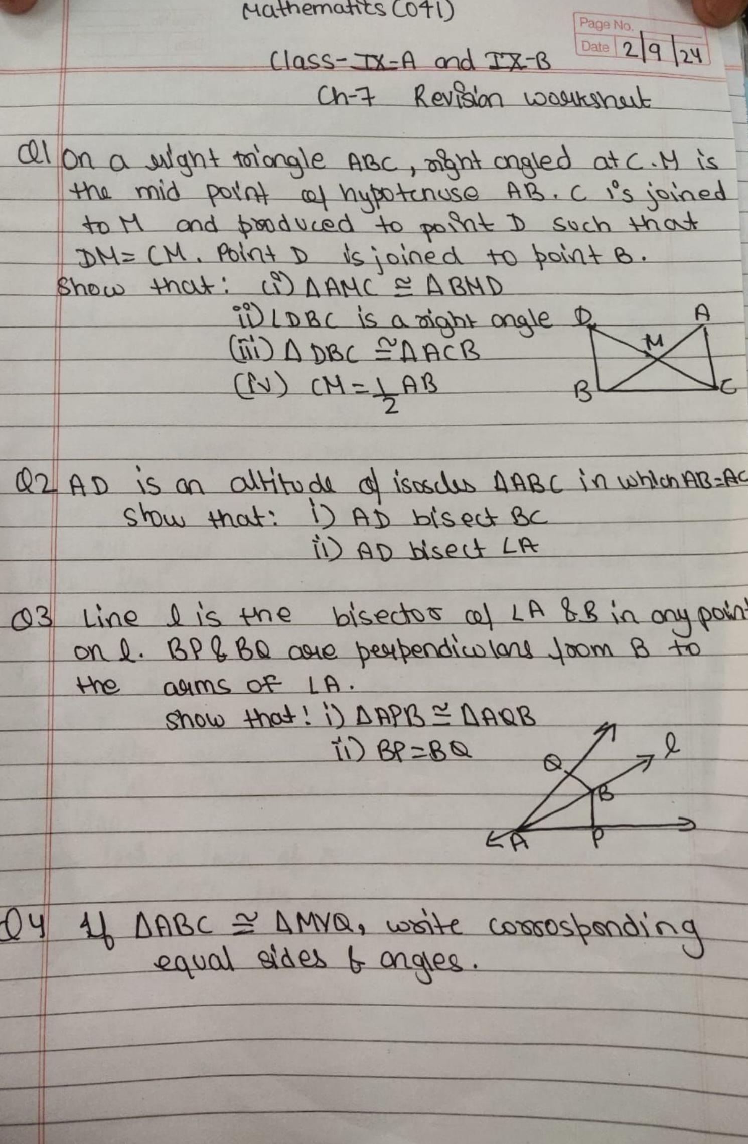 Mathematics (041)
Class-IX-A and IX-B
Page No
Date
2∣9∣24
Ch -7 Revisi