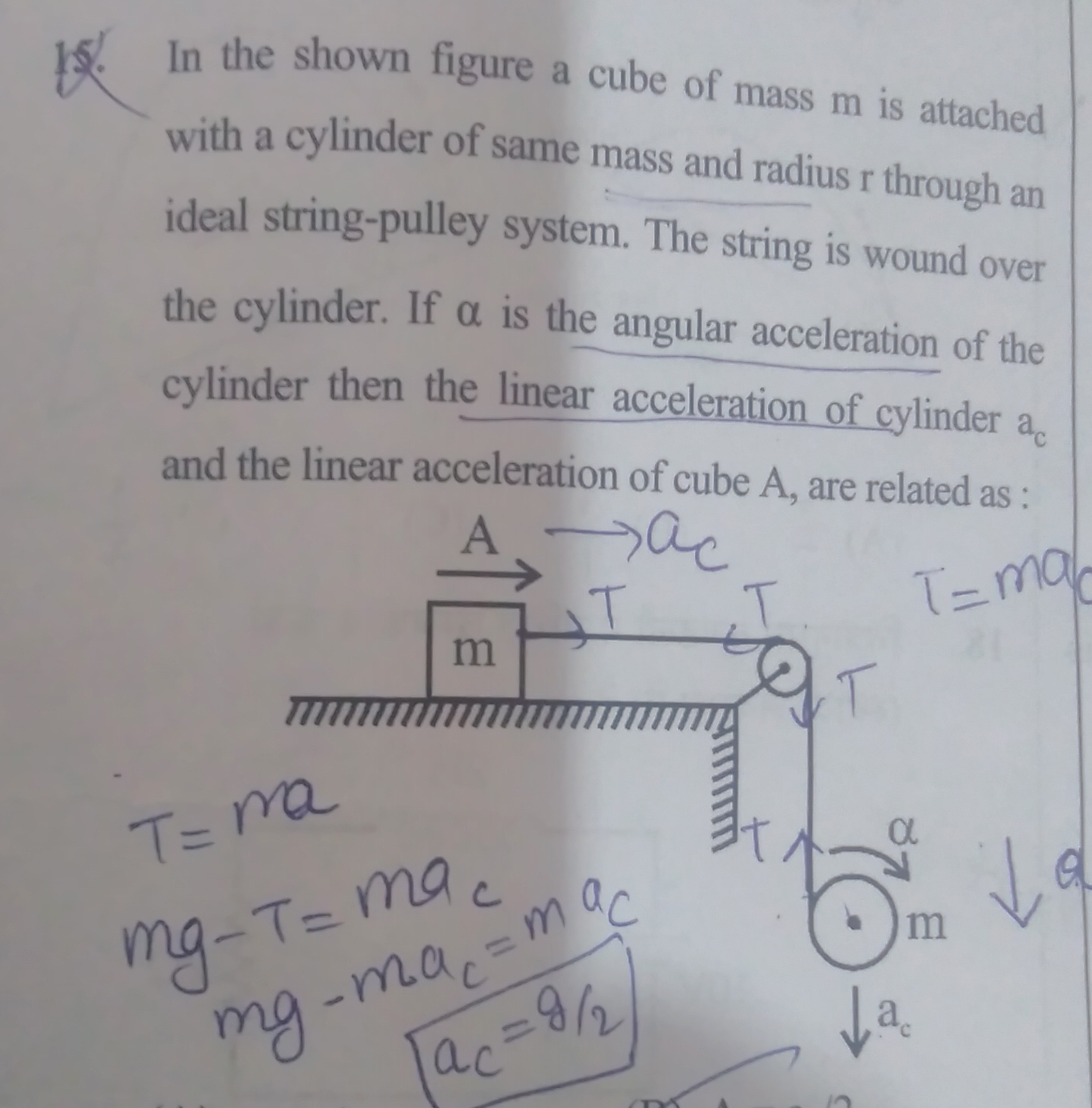 15. In the shown figure a cube of mass m is attached with a cylinder o