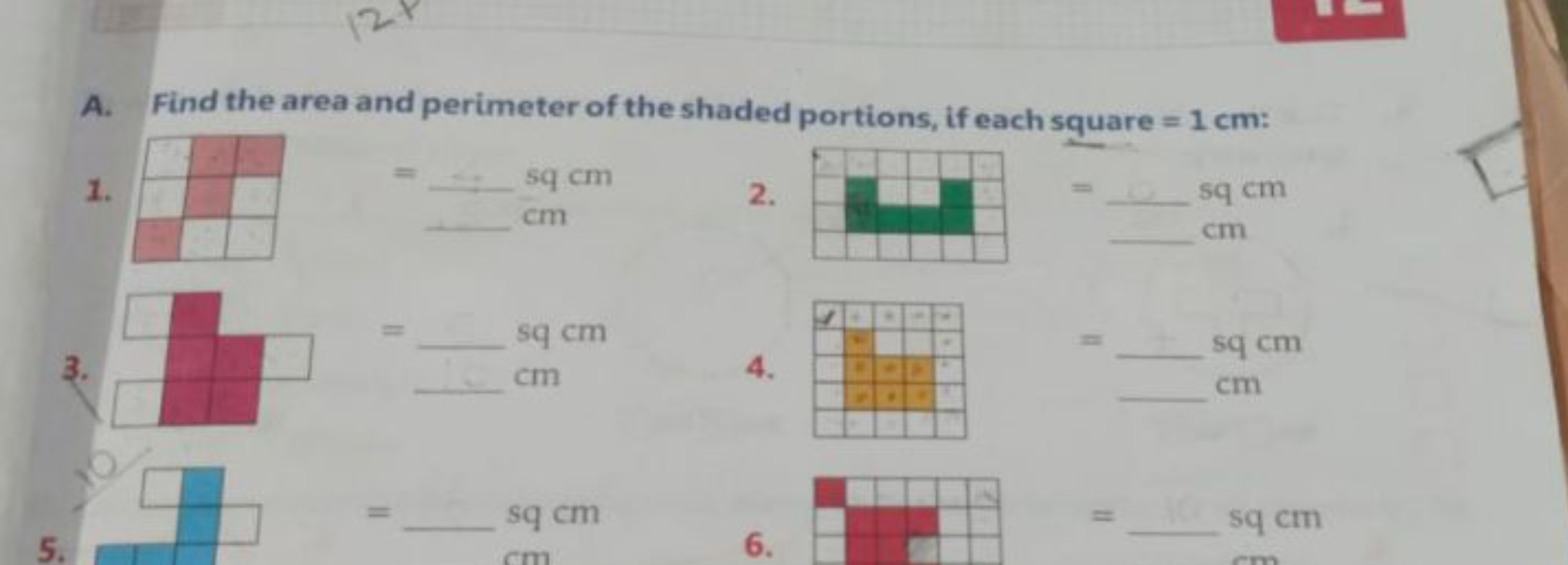 A. Find the area and perimeter of the shaded portions, if each square 