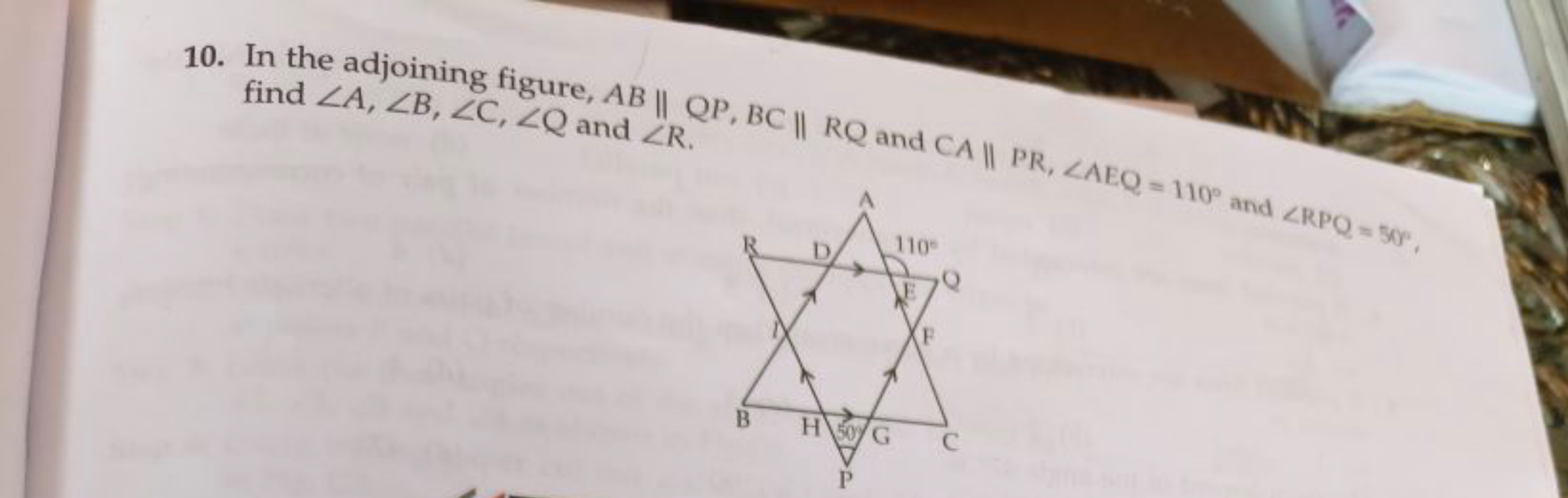 10. In the adjoining figure, AB || QP, BC || RQ and CA || PR, ZAEQ=110