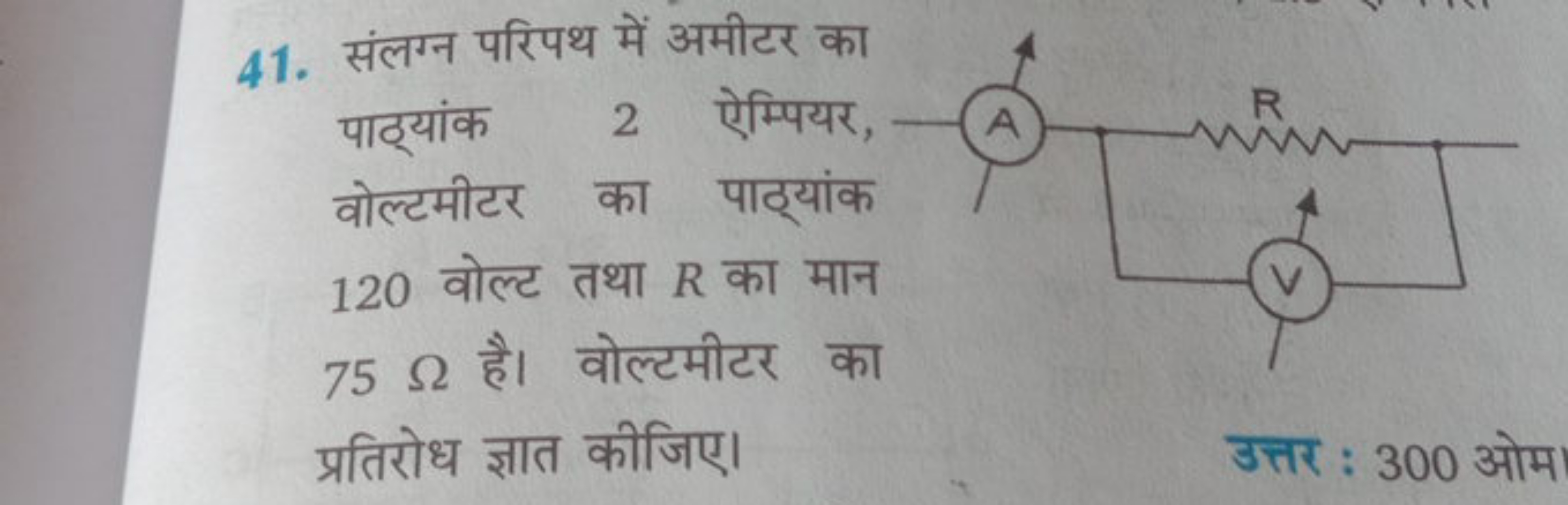 41. संलग्न परिपथ में अमीटर का पाठ्यांक 2 ऐम्पियर, वोल्टमीटर का पाठ्यां