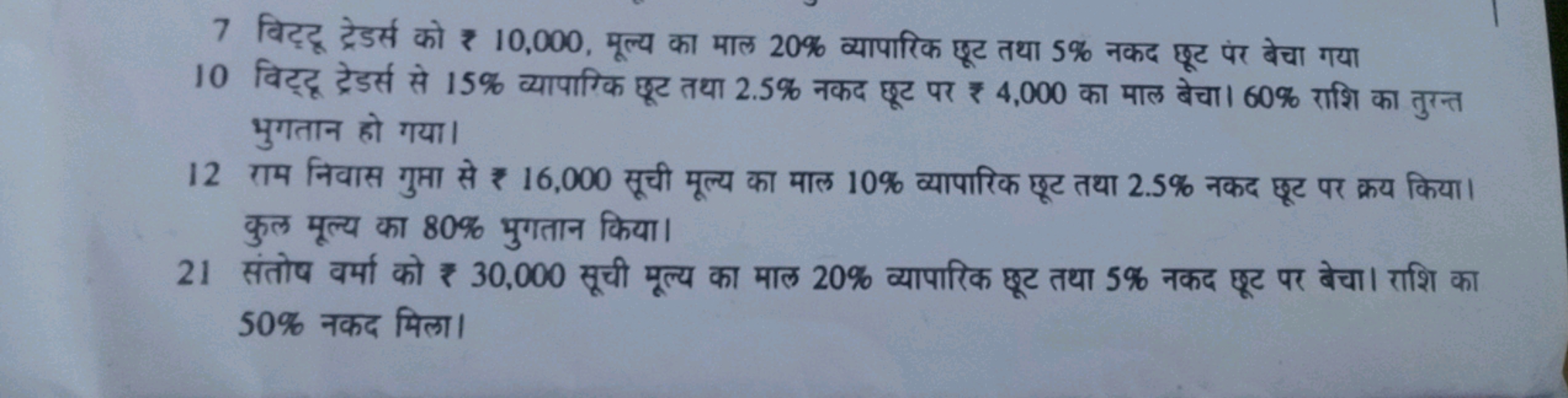 7 विट्टू ट्रेडर्स को ₹10,000, मूल्य का माल 20% व्यापारिक छूट तथा 5% नक