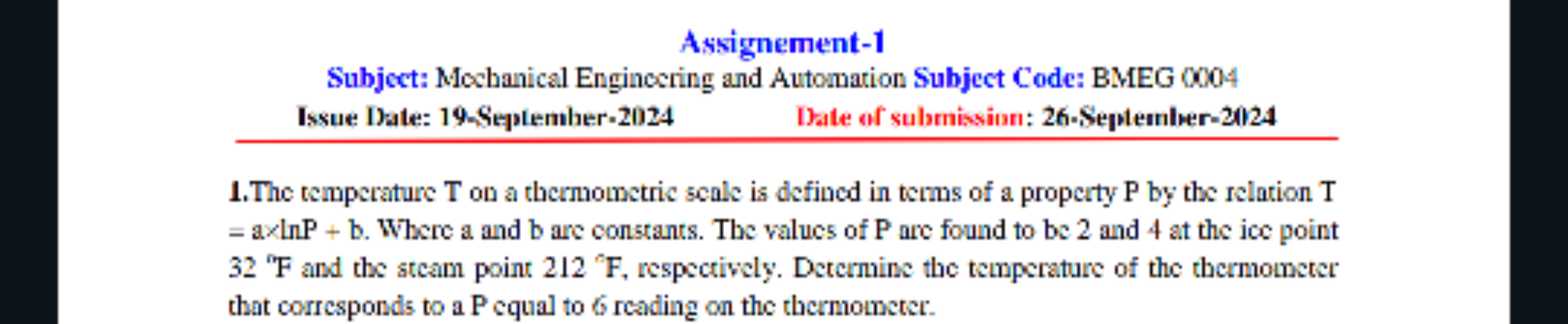 Assignement-1
Subject: Mechanical Engincering and Automation Subject C