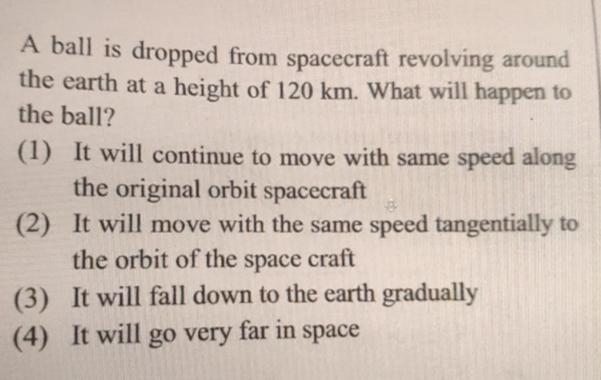 A ball is dropped from spacecraft revolving around the earth at a heig