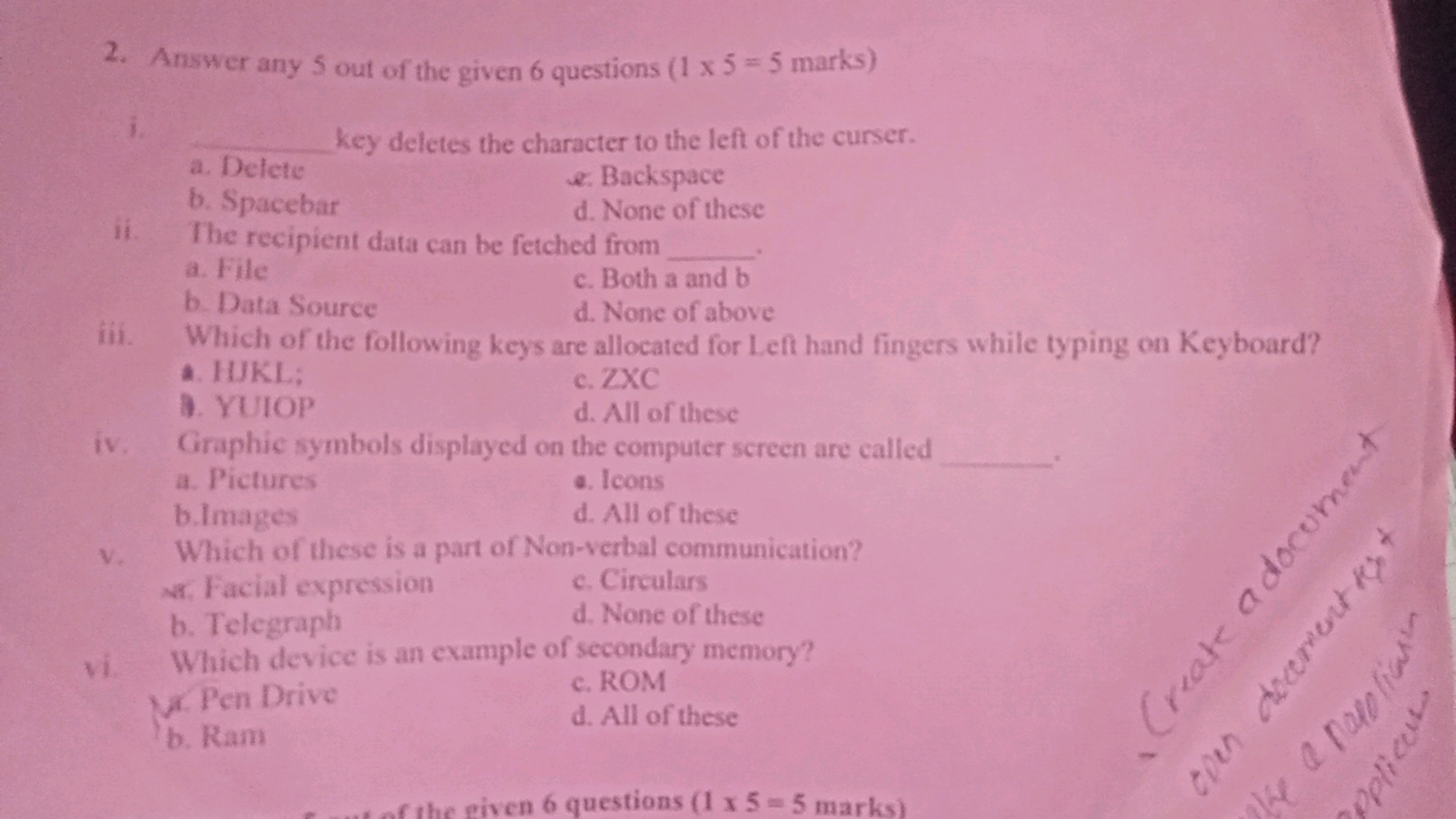 2. Answer any 5 out of the given 6 questions ( 1×5=5 marks)
i. key del