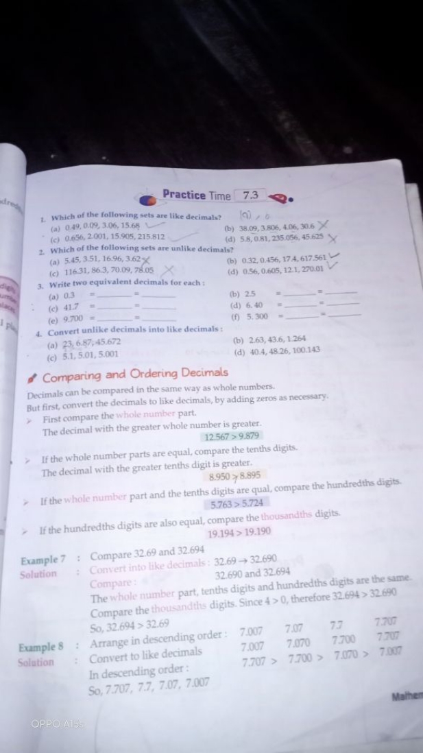 Practice Time 7.3
1. Which of the following sets are like decimals?
(a