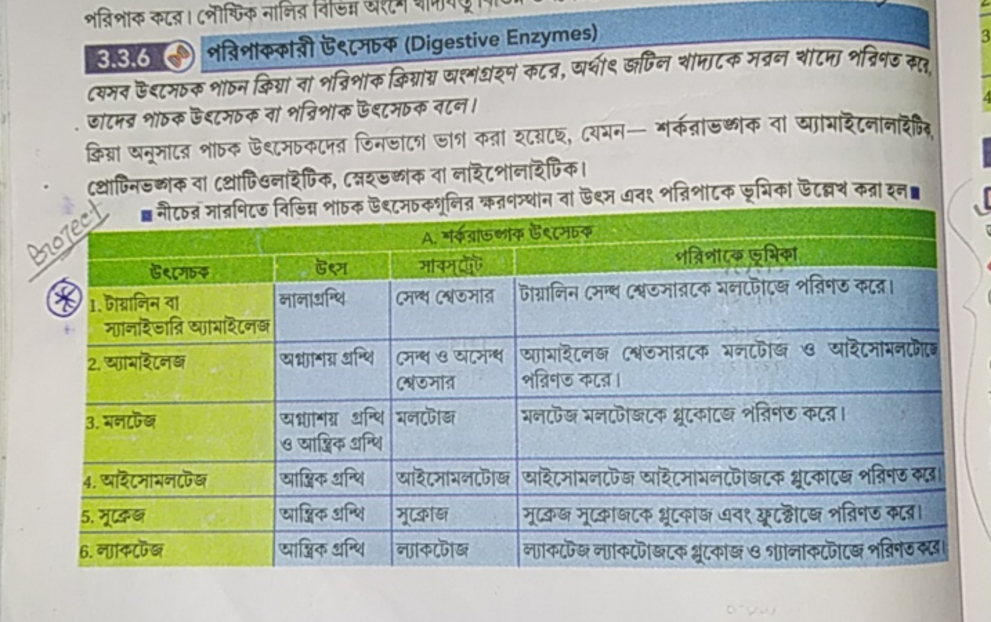 পর্রিপাক করে। পৌফ্টিক নালির বিভিস
3.3.6 পরিপাককারী উеসেচক (Digestive E