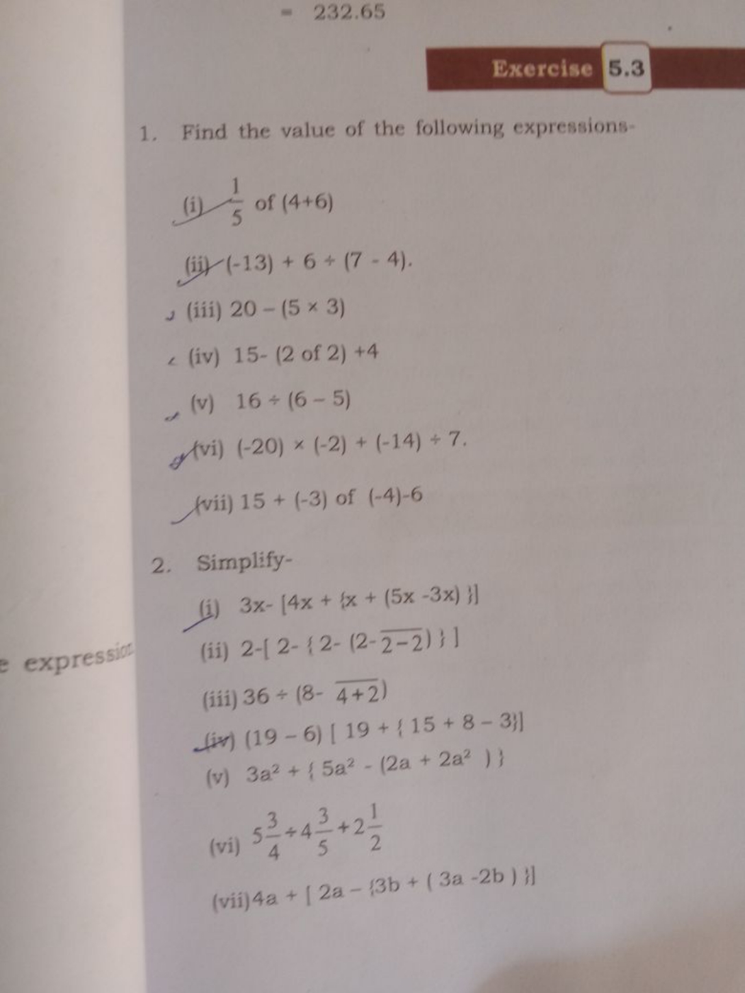 =232.65

Exercise 5.3
1. Find the value of the following expressions-
