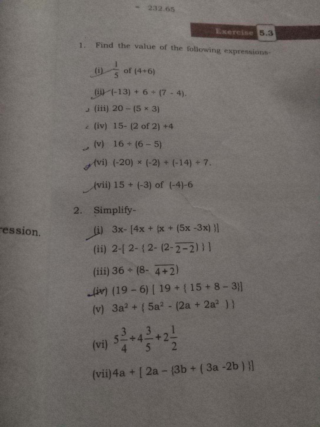 =232.65
Baterise 5.3
1. Find the value of the following expressions-
(