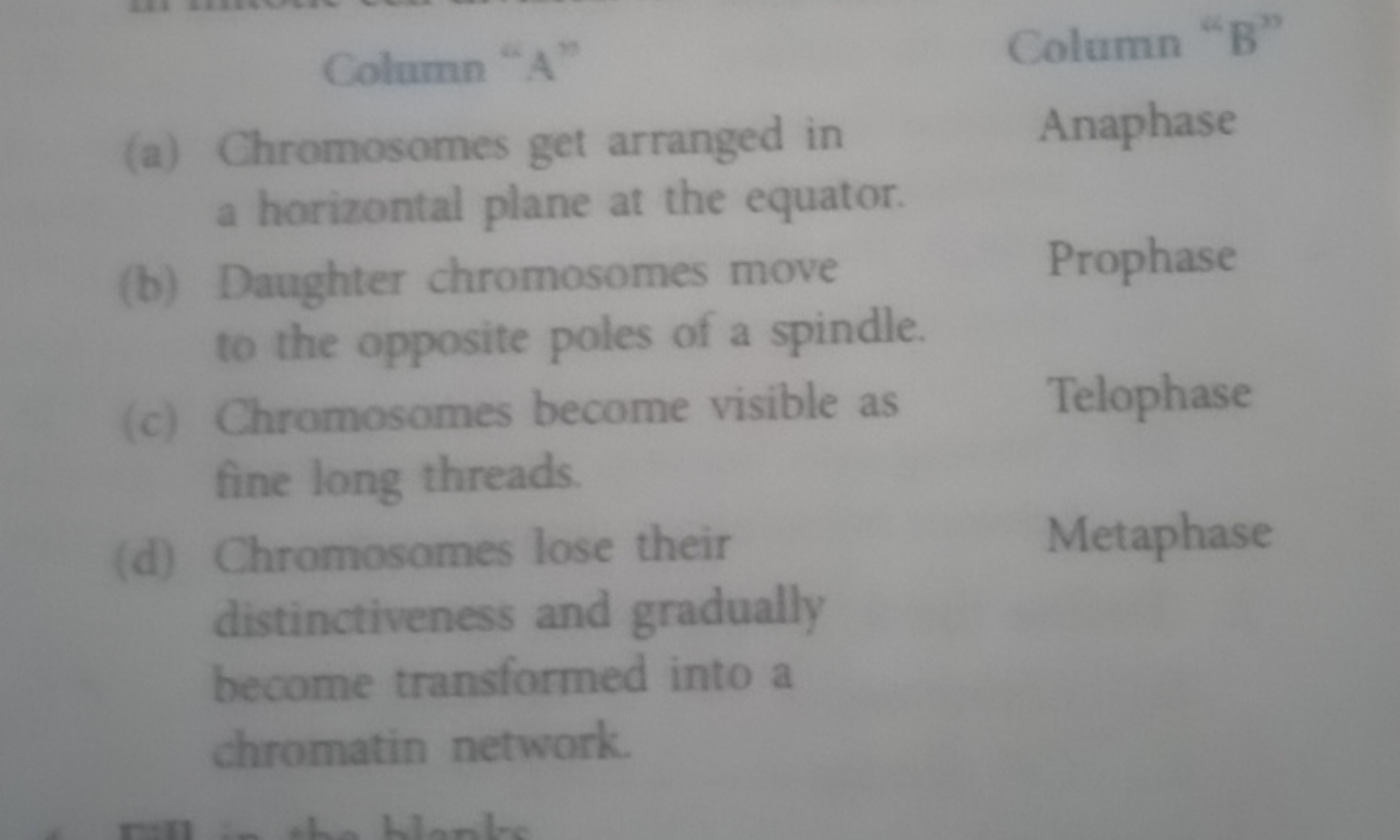 Column "A"
Column "B"
(a) Chromosomes get arranged in

Anaphase a hori