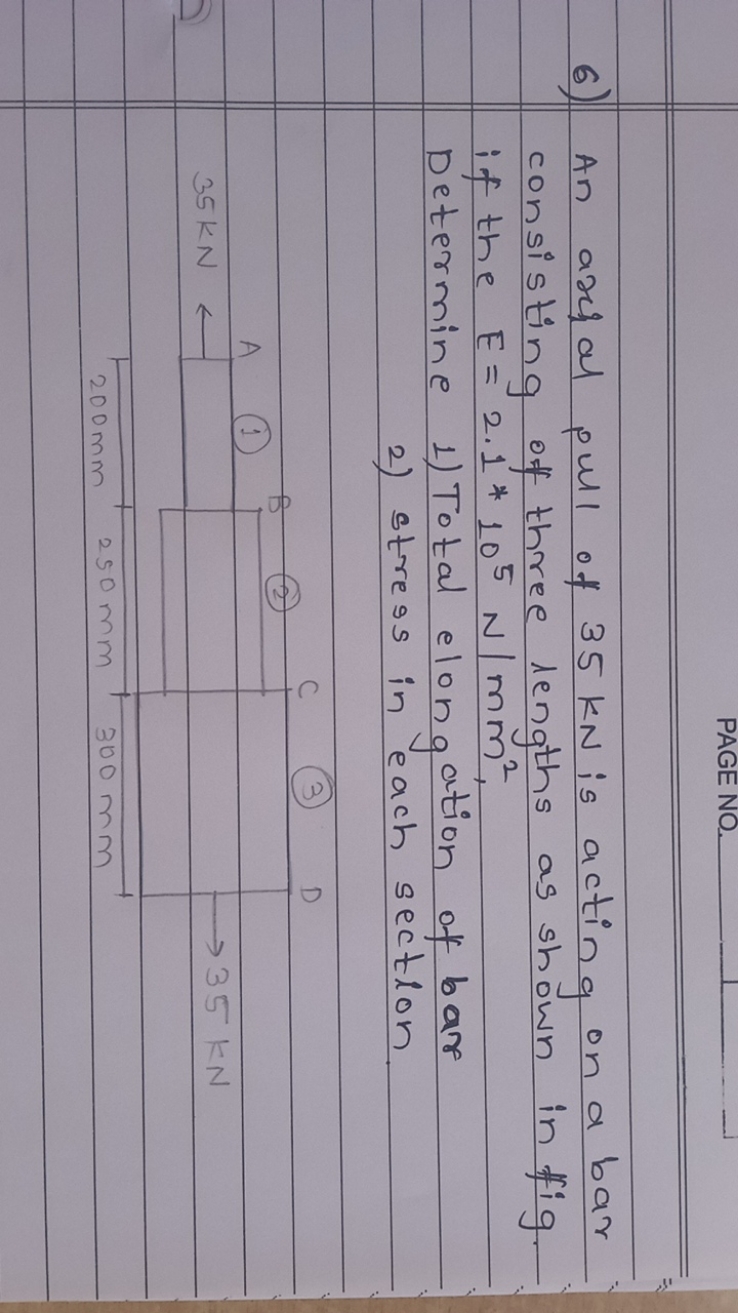 PAGE NO.
6) An axial pull of 35 kN is acting on a bar consisting of th