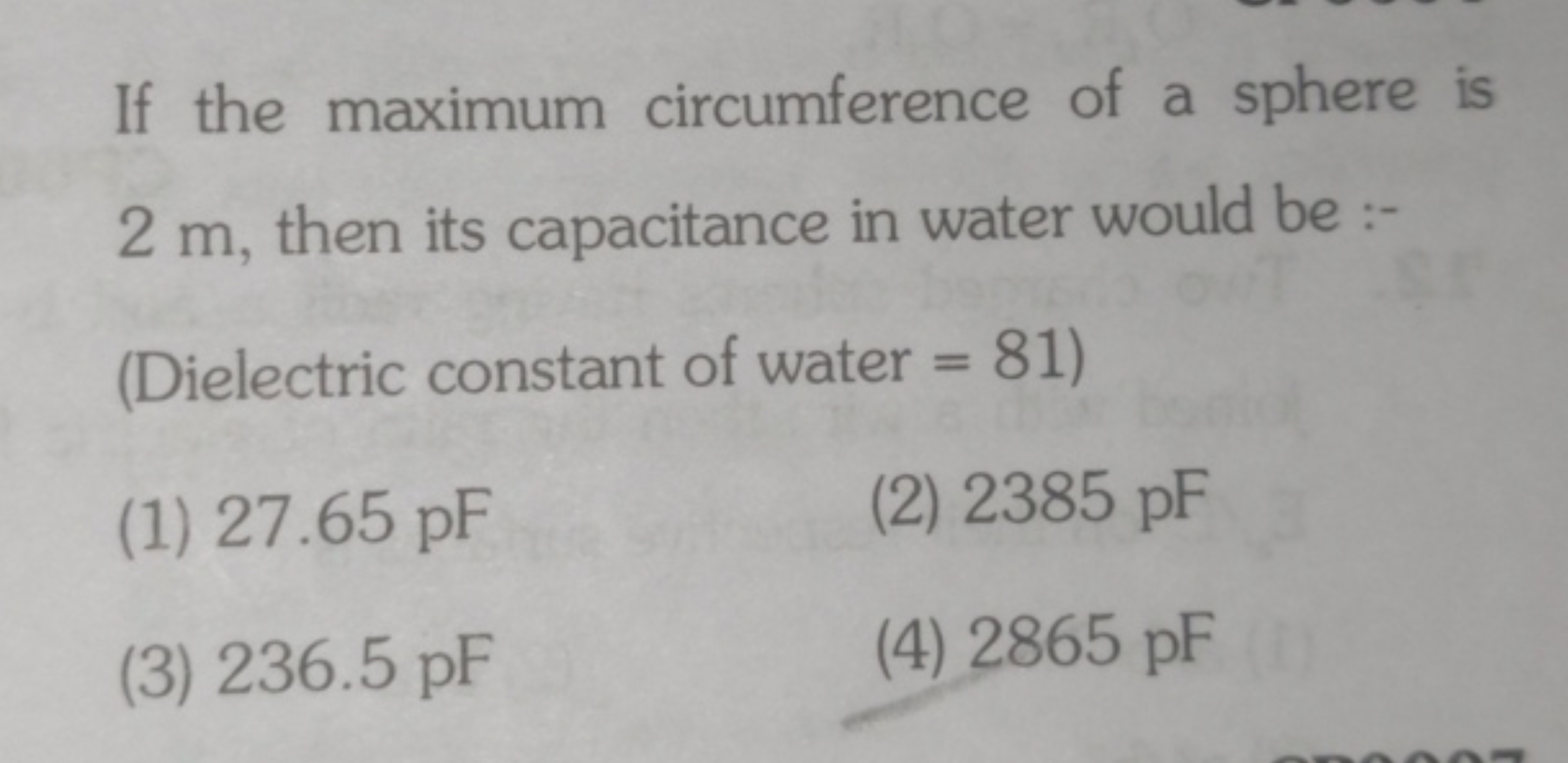 If the maximum circumference of a sphere is 2 m , then its capacitance