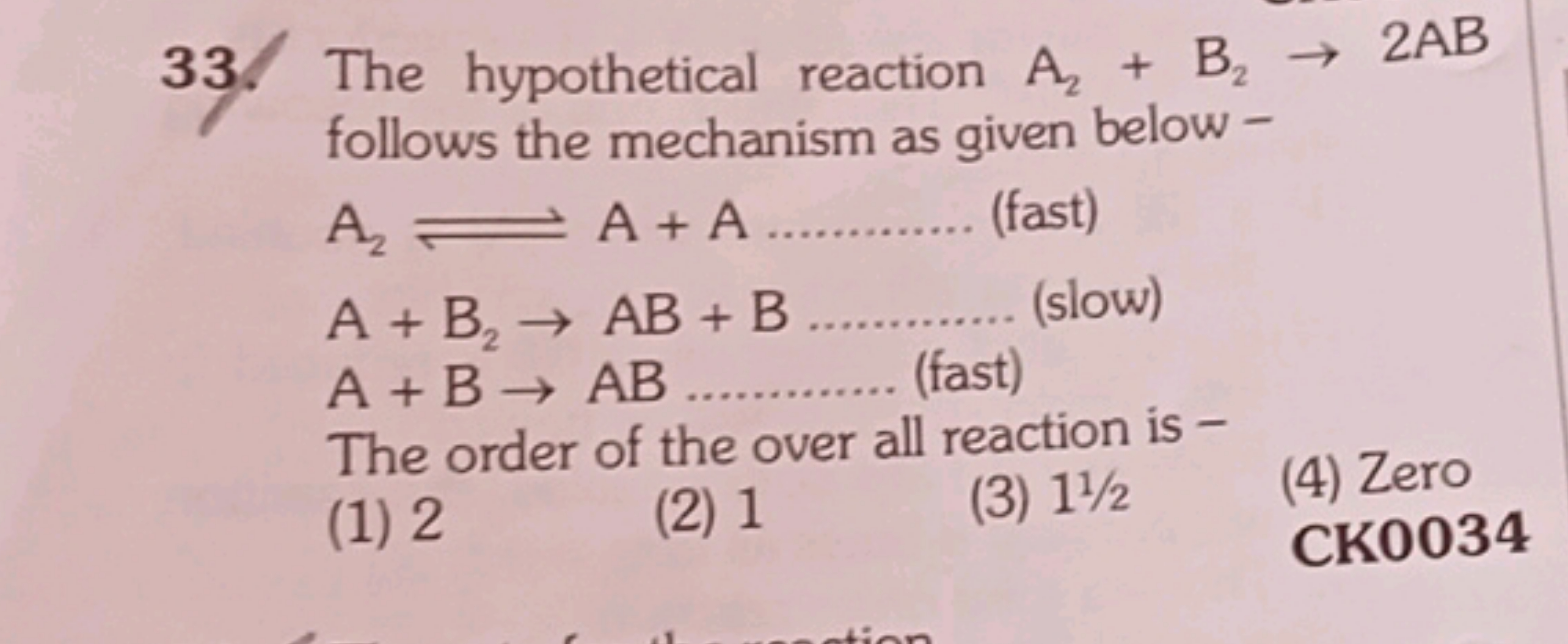 33. The hypothetical reaction A2​+B2​→2AB follows the mechanism as giv