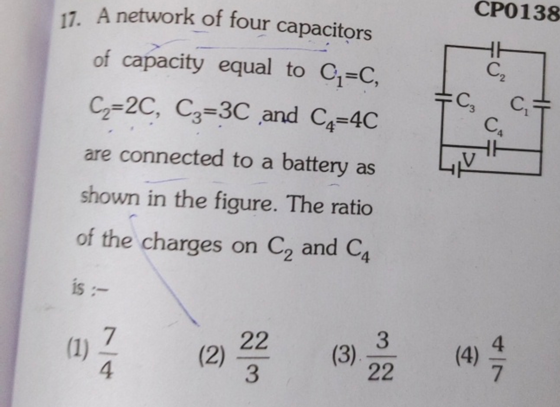 17. A network of four capacitors of capacity equal to C1​=C, C2​=2C,C3