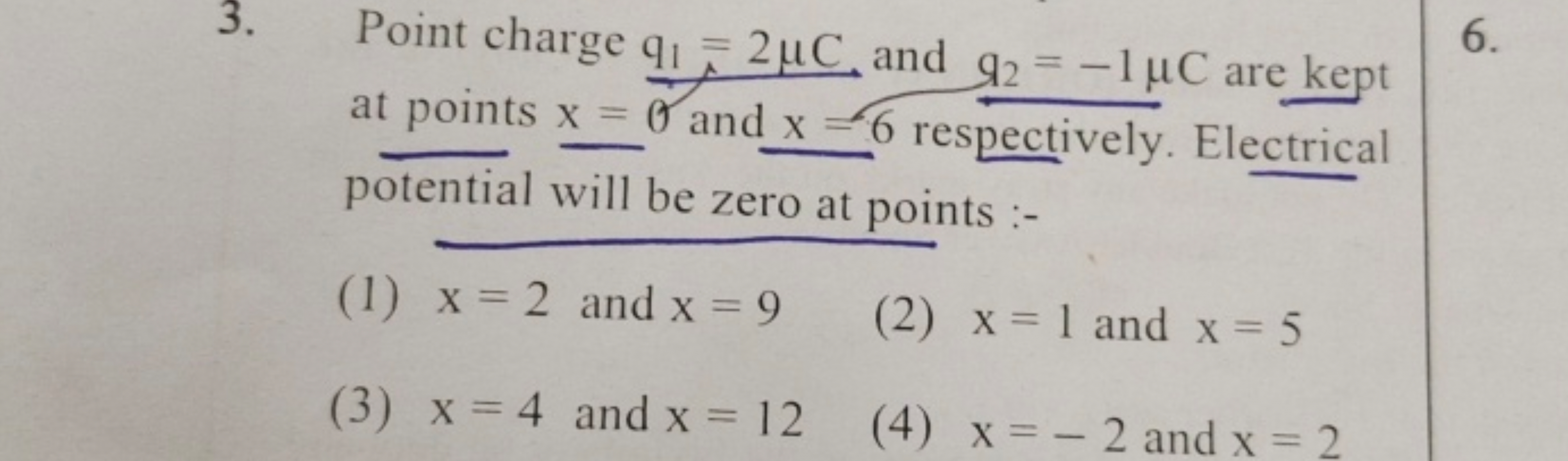 3. Point charge q1​=2μC and q2​=−1μC are kept at points x=0 and x=6 re