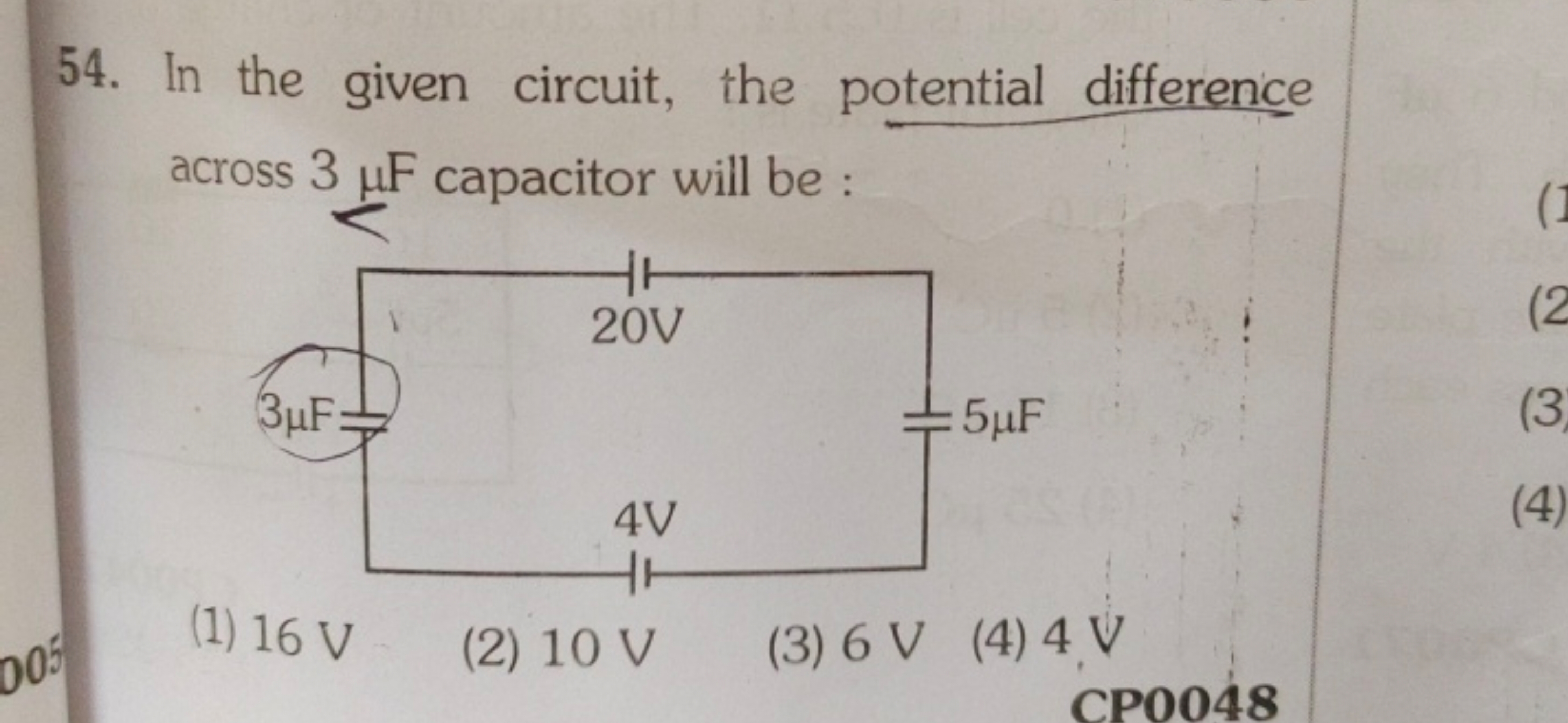 54. In the given circuit, the potential difference across 3μF capacito