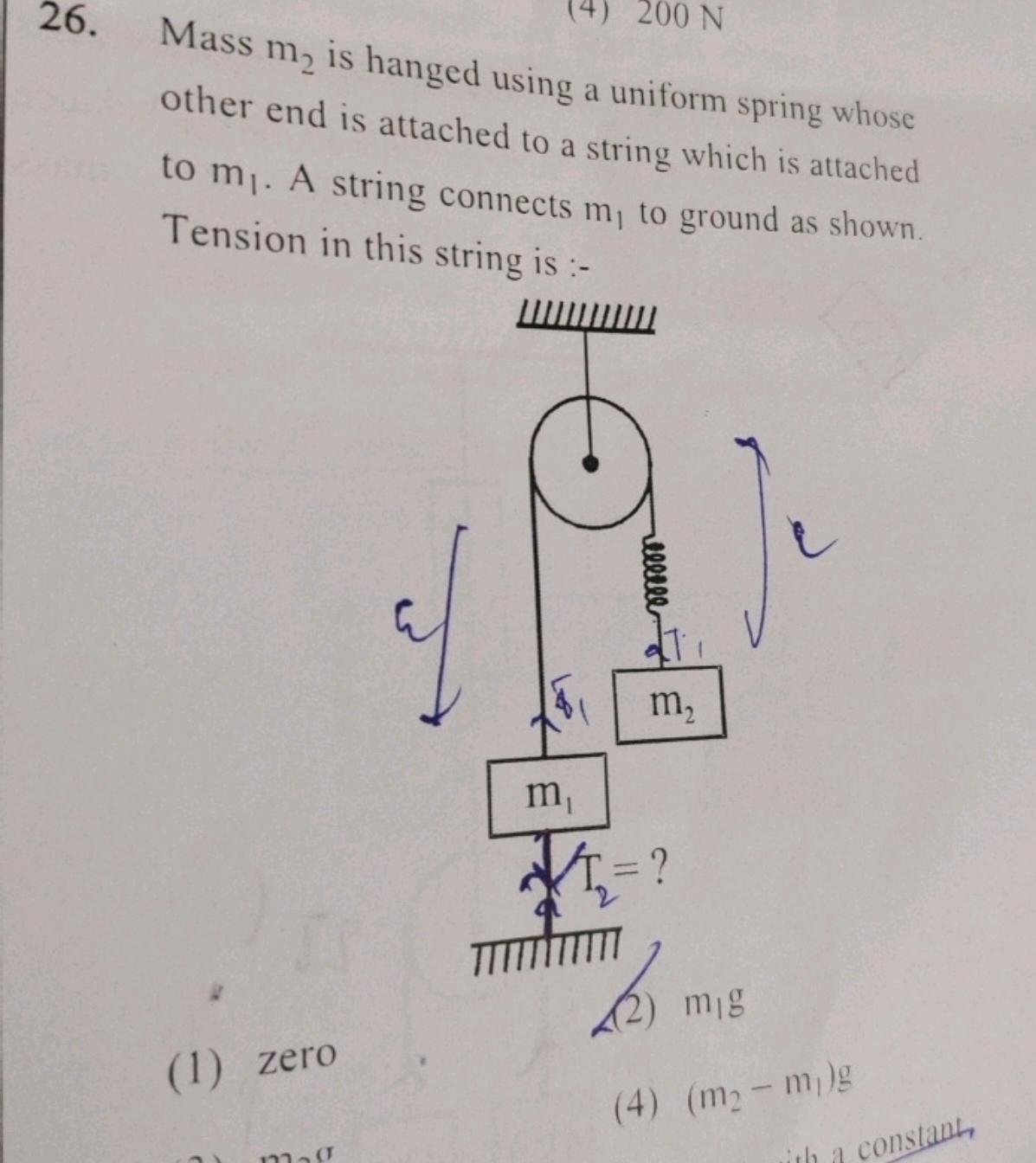 26. Mass m2​ is hanged using a uniform spring whose other end is attac